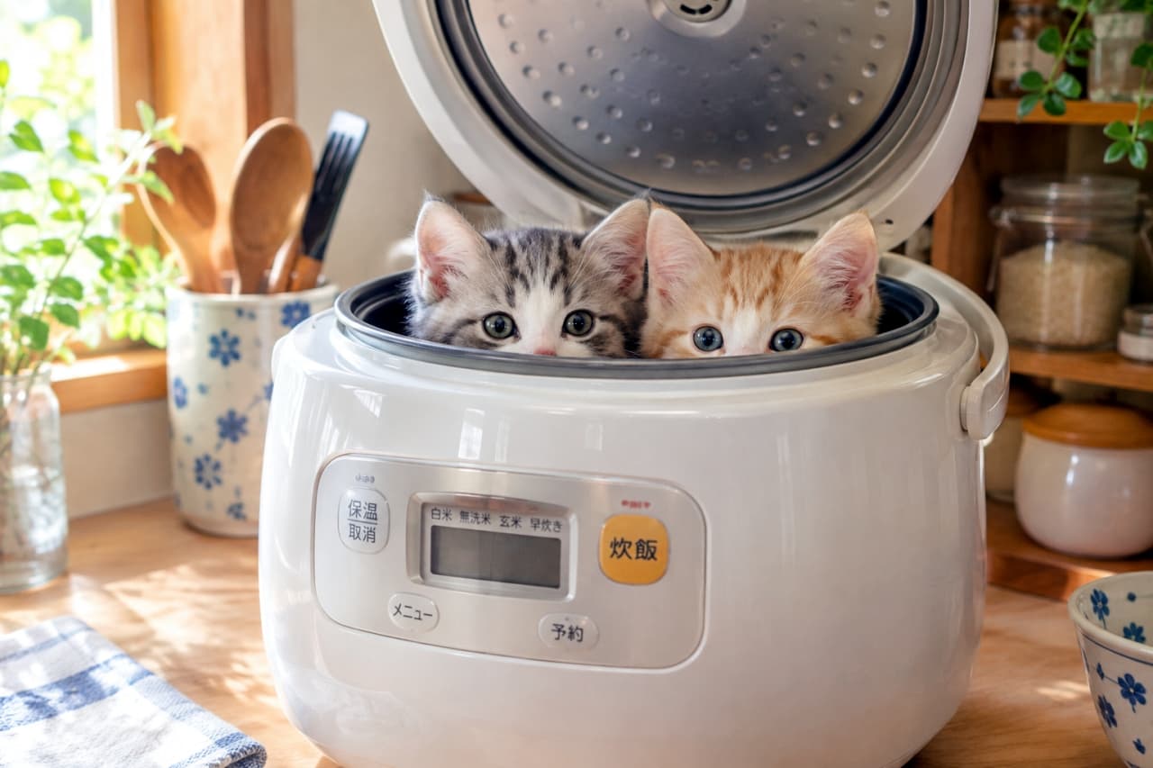 「ご飯が炊け…てないにゃ！🍚 炊飯器に隠れた仲良し子猫コンビに、びっくり仰天🐱🐱 #猫のいたずら #子猫 #仲良し #にゃんすたぐらむ」Ultra-realistic high-quality photograph capturing two kittens hiding together inside the inner pot of an open rice cooker on a kitchen counter. On the left is a silver tabby and white kitten, and on the right is a red tabby and white kitten. Both are peeking over the rim with wide, curious eyes. Japanese text is visible on the rice cooker control panel. Background shows plants and wooden utensils under natural light. キッチンカウンターに置かれた蓋の開いた炊飯器の内釜の中から、2匹の子猫が顔を並べて覗かせている。左側はシルバータビー＆ホワイト、右側はレッドタビー＆ホワイトで、どちらもクリッとした大きな目でこちらを見つめている。炊飯器の操作パネルには日本語表記があり、背景には観葉植物や木製の調理器具が写っている