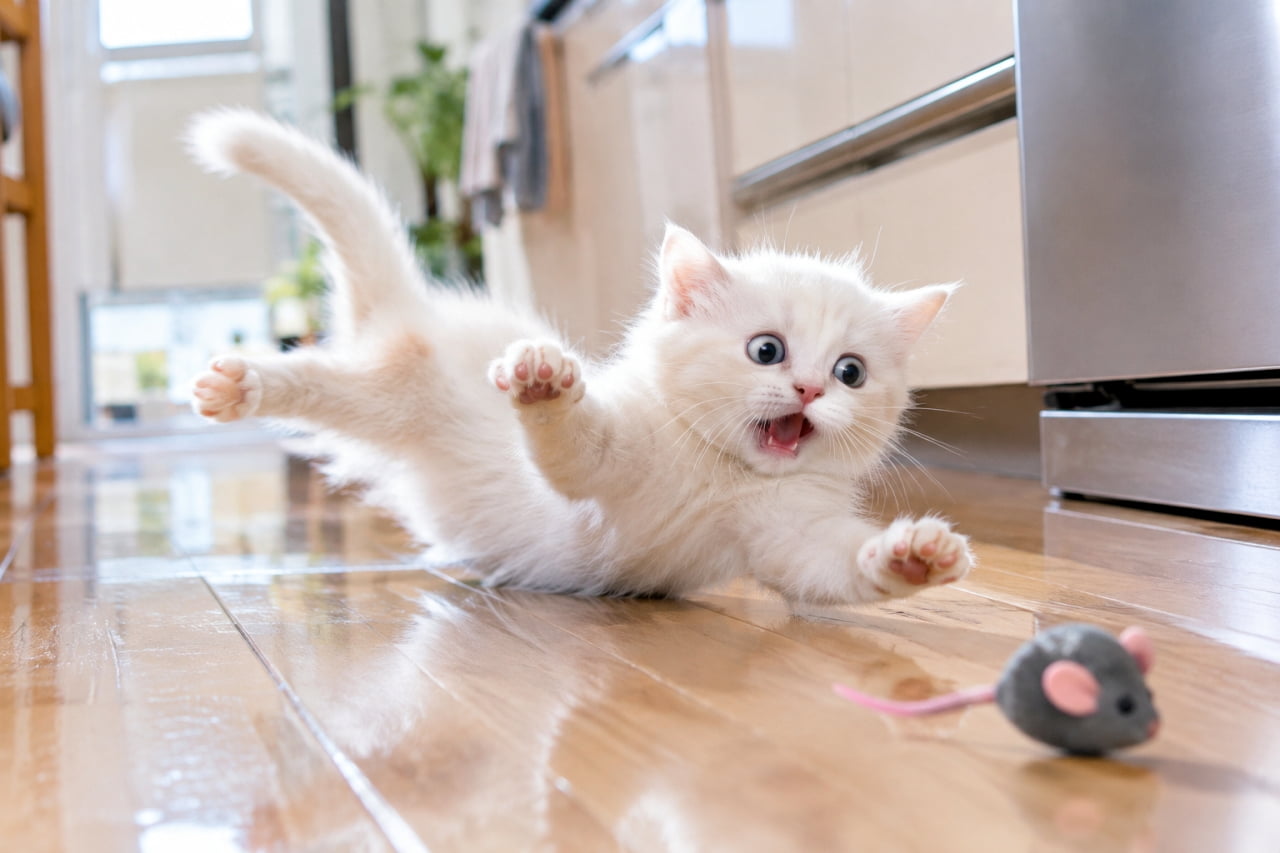 「それーっ！捕まえるにゃ！💨 ネズミさんを追いかけて、大ジャンプを決める白猫ちゃん。この躍動感がたまらない！🐾 #猫の遊び #子猫 #白猫」Ultra-realistic high-quality photograph capturing a white kitten in a dynamic jump, chasing a mouse toy on a wooden living room floor. The kitten has its front paws extended, eyes wide open, and mouth open in an excited expression. The background shows kitchen cabinets and plants. リビングのフローリング床で、ネズミのおもちゃを追いかけて躍動感のあるジャンプをする白い子猫。両前足を前に伸ばし、目を大きく見開き、口を開けた興奮した表情が捉えられている。背景にはキッチンのキャビネットや観葉植物が写っている