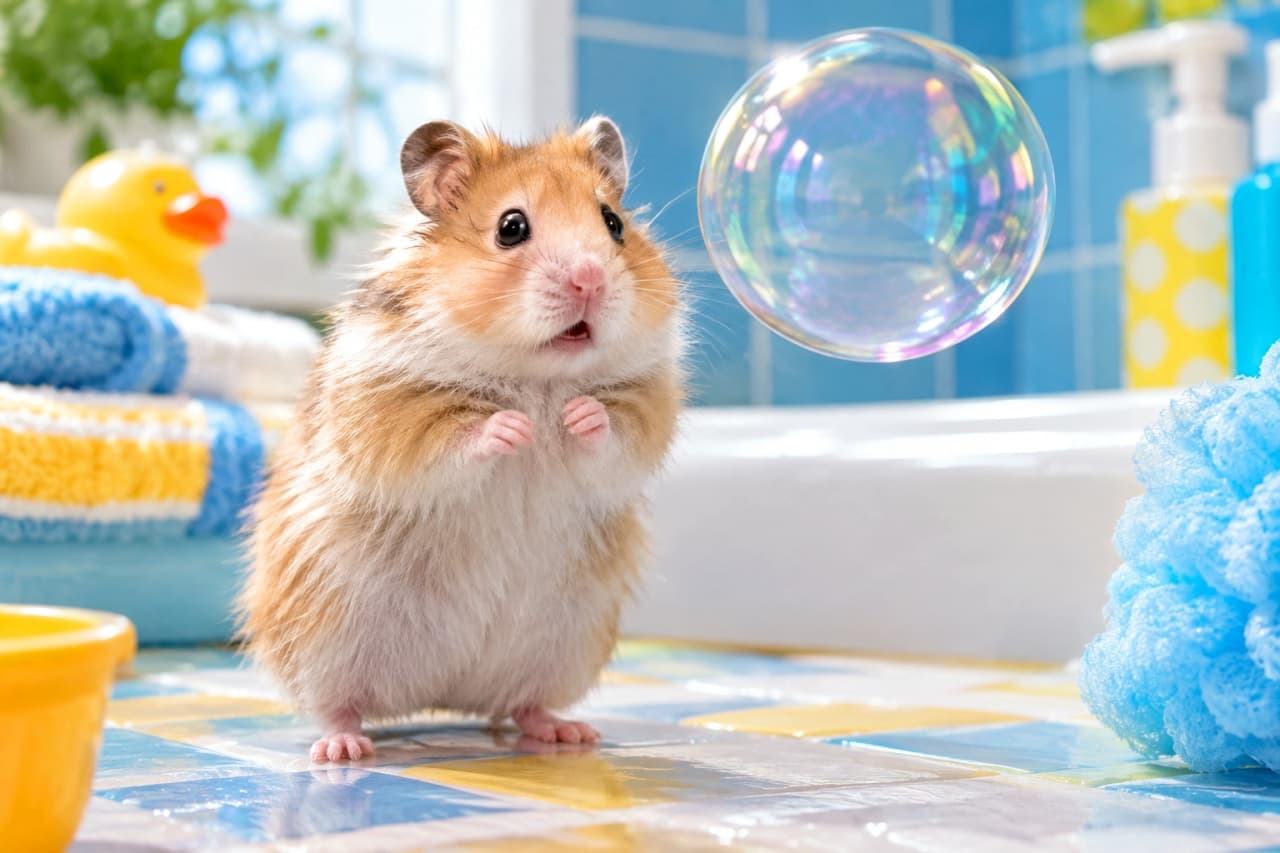 「ふわふわでキラキラな謎の物体に遭遇!🐹🛁 驚いて固まっちゃったベビーハムスターちゃんのフリーズ顔✨」Ultra-realistic high-quality photograph of a tiny, fluffy baby golden hamster (white and brown patches) standing on its hind legs in a bright bathroom with blue tiles, completely frozen in surprise at a large, iridescent soap bubble floating right in front of it. Its dark eyes are wide, and its tiny front paws are held close to its chest. The scene is decorated with a yellow rubber duck, folded towels, and a blue bath sponge, with the bubble beautifully reflecting the natural light from a window. 青いタイルが爽やかな明るいバスルームで、大きな虹色のシャボン玉を目の前にして、驚きのあまり二本足で立ち上がり完全にフリーズしているゴールデンハムスターの赤ちゃん(白と茶)。目を丸く見開き、小さな前足を胸元で揃えたポーズが愛らしい。周囲には黄色いアヒルのおもちゃやカラフルなタオル、青いバススポンジが配置され、シャボン玉の表面には窓からの自然光が美しく反射している