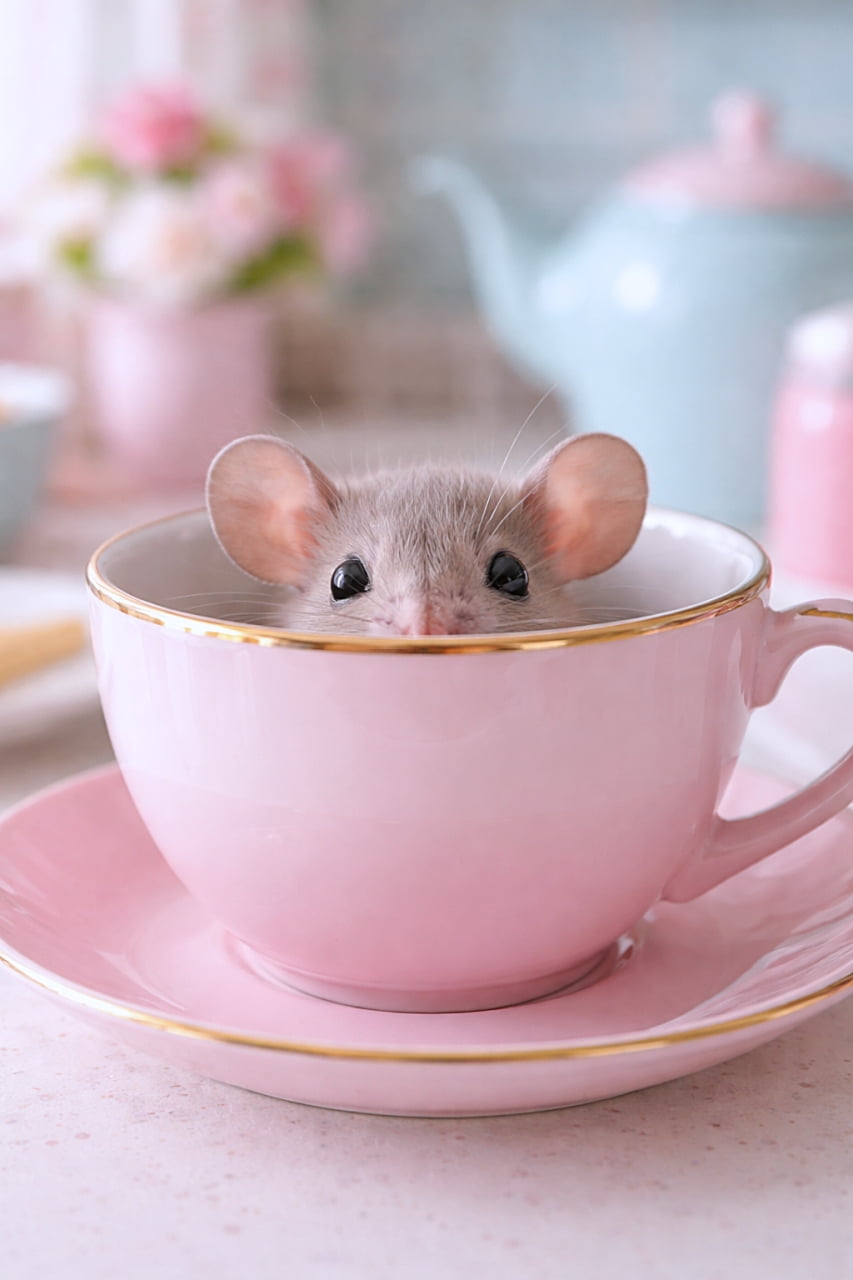「ティーカップからひょこっと耳！出られなくなった赤ちゃんネズミが、ちょこんと顔だけのぞかせるキュートすぎる瞬間。こんなティータイムなら大歓迎かも？☕🐭✨」A baby mouse stuck inside a pink teacup, only its ears and eyes peeking above the rim, in a pastel-colored kitchen with soft lighting. パステルカラーのキッチンで、ピンクのティーカップにすっぽり入り、縁から耳と目だけをのぞかせている赤ちゃんネズミ