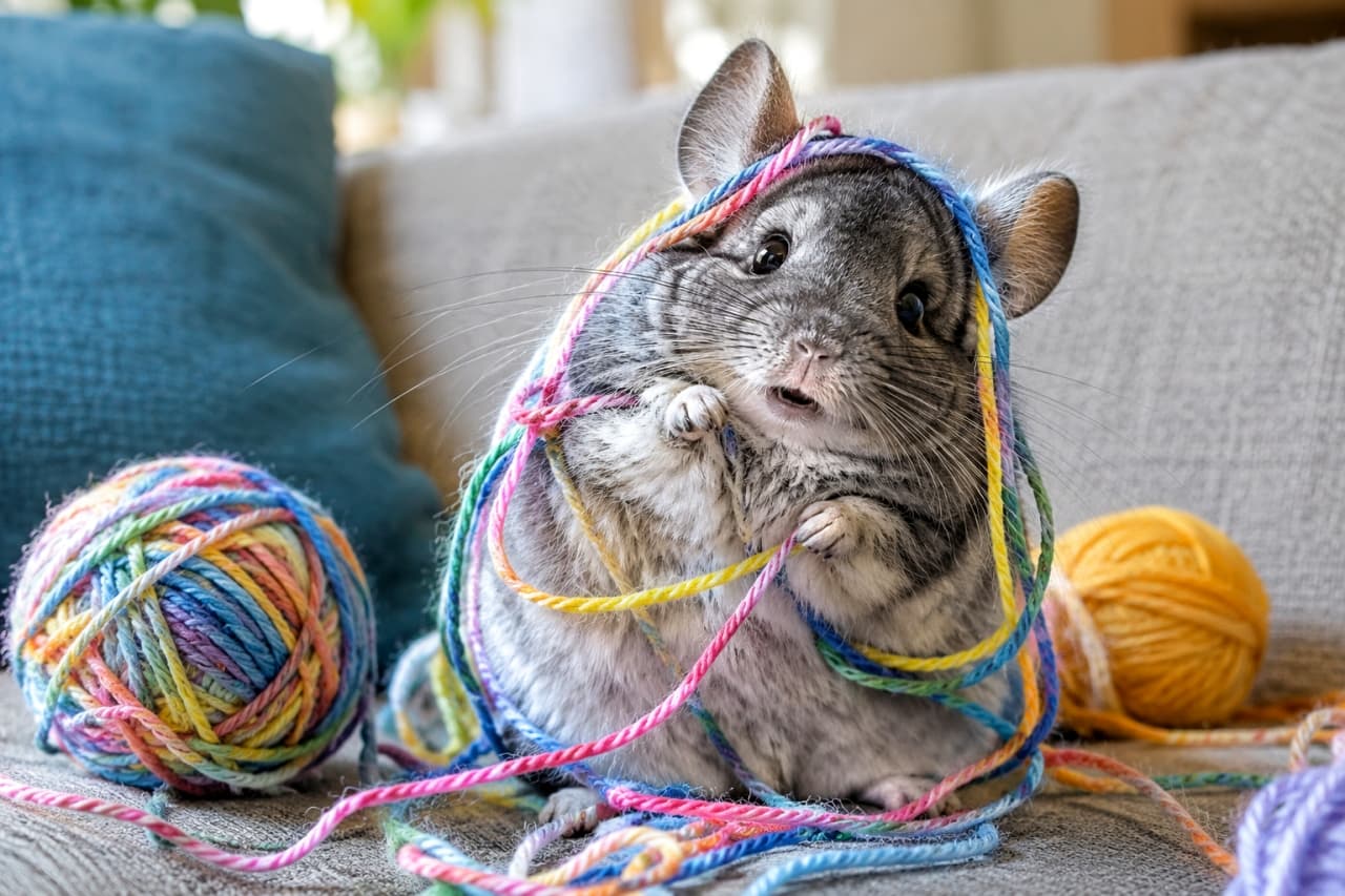 「遊んでたら毛糸にぐるぐる巻きになっちゃったチンチラちゃん、ちょっと焦り気味🧶💦」Ultra-realistic high-quality photograph of a blue-gray chinchilla with dense, plush fur and large round ears, thoroughly entangled in a chaotic mess of colorful (rainbow and yellow) yarn on a textured gray sofa. The chinchilla is staring directly at the camera with a startled and distressed expression, its mouth slightly open. Its tiny paws are tangled in the threads. A large rainbow yarn ball sits nearby, and the cozy sofa background is softly lit by indoor natural light. 柔らかい灰色のソファの上、チンチラが、カラフルな(虹色、黄色)毛糸の海にぐるぐる巻きになっている。特徴的な青灰色の厚い被毛が毛糸に埋もれ、丸い大きな耳、つぶらな黒目が目立っている。表情は少し焦っており、口元を歪めた、決定的瞬間のポーズ。チンチラの小さな前足が毛糸に引っかかっている。ソファの上には、別の大きな虹色の毛糸玉も見え、柔らかい室内光が情景を照らしている
