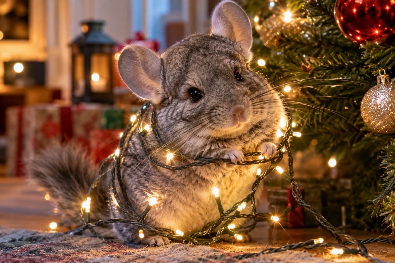 「あれれ、ピカピカのおもちゃに絡まっちゃった…🐭✨ クリスマス準備のお手伝い?🎄」Ultra-realistic high-quality photograph of a fluffy blue-gray chinchilla with large round ears, adorably tangled in a string of warm white Christmas fairy lights. It is holding the wire with its tiny front paws, looking at the camera with an innocent, slightly puzzled expression. The background features a beautifully blurred Christmas tree and presents, bathed in a cozy, magical holiday glow. クリスマスの飾り付けがされた暖かい室内の床で、温白色のイルミネーション用フェアリーライトにぐるぐると絡まってしまったチンチラ。特有の青灰色のふわふわな被毛と大きな丸い耳が特徴で、ライトを小さな前足で掴みながら、少し困ったような、あどけない表情でこちらを見つめている。背後にはクリスマスツリーやプレゼントボックスが美しくボケており、幻想的な光に包まれている