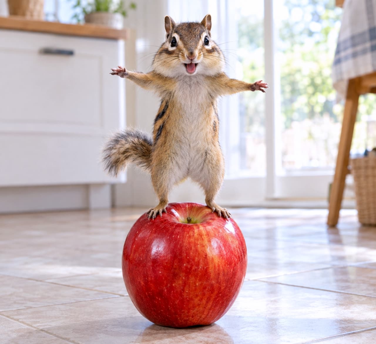 「さっきの慌てぶりは嘘!?🍎✨ 完璧なポーズを決めるシマリスちゃんのドヤ顔が最高🐾」Ultra-realistic high-quality photograph of a chipmunk standing perfectly upright on its hind legs on top of a large red apple on a tiled kitchen floor. Its front legs are stretched wide for balance, and it wears a playful, confident expression with its tongue slightly out. Both the chipmunk and the apple are in perfect sharp focus with no motion blur, brilliantly lit by daylight from a nearby window. タイル張りの明るいキッチンの床で、大きな赤いリンゴの上に後ろ足でしっかりと立ち、完璧にバランスを取っているシマリス。前足を左右に大きく広げ、舌を少し出して笑っているかのような遊び心満点のドヤ顔を見せている。1枚目とは対照的に、シマリスもリンゴもシャープに焦点が合っており、モーションブラーはない。窓からの豊かな自然光が、被写体を美しく照らし出している