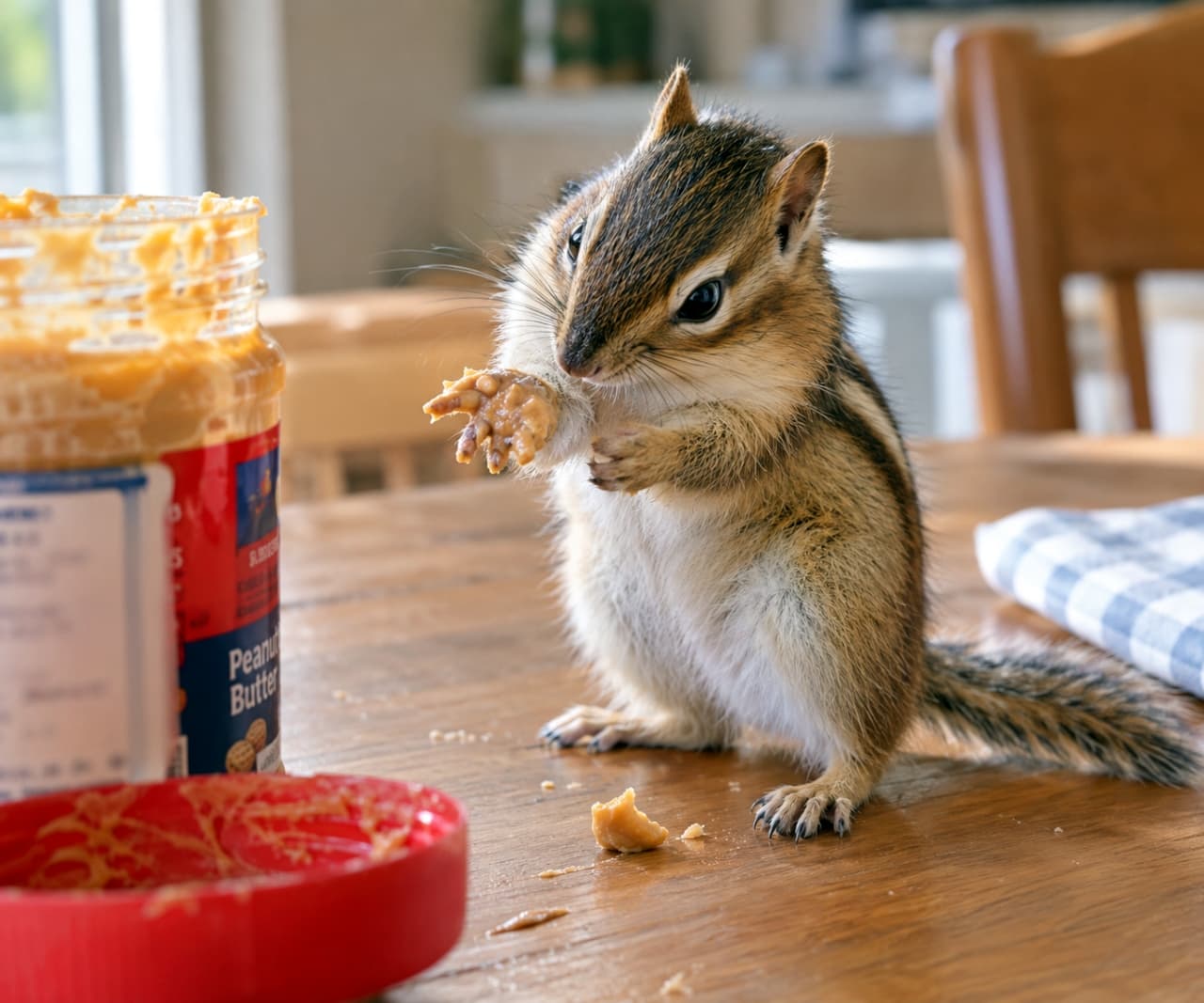 「ピーナッツバターが、くっついて離れない…!シマリスちゃんの、必死な抵抗🐾🥜」Ultra-realistic high-quality photograph of a chipmunk on a kitchen table, actively shaking its front paw which is completely covered in sticky peanut butter from an open jar nearby. The chipmunk's face shows a determined and slightly distressed expression as it tries to rid itself of the messy peanut butter. Detailed textures of peanut butter, fur, and the wooden table surface enhance the photorealistic quality of the scene. キッチンのテーブルの上、開いたピーナッツバターのジャーの横で、前足にべったりとついたピーナッツバターを振り落とそうとするシマリス。前足は、ピーナッツバターで完全に覆われ、指が大きく開かれている。シマリスは、その前足を必死に振り、口元も少し歪めている。もう一方の前足は、テーブルの上をかいている。テーブルには、ピーナッツバターのジャー、蓋、そしてチェック柄の布が見え、リアルな生活感が描写