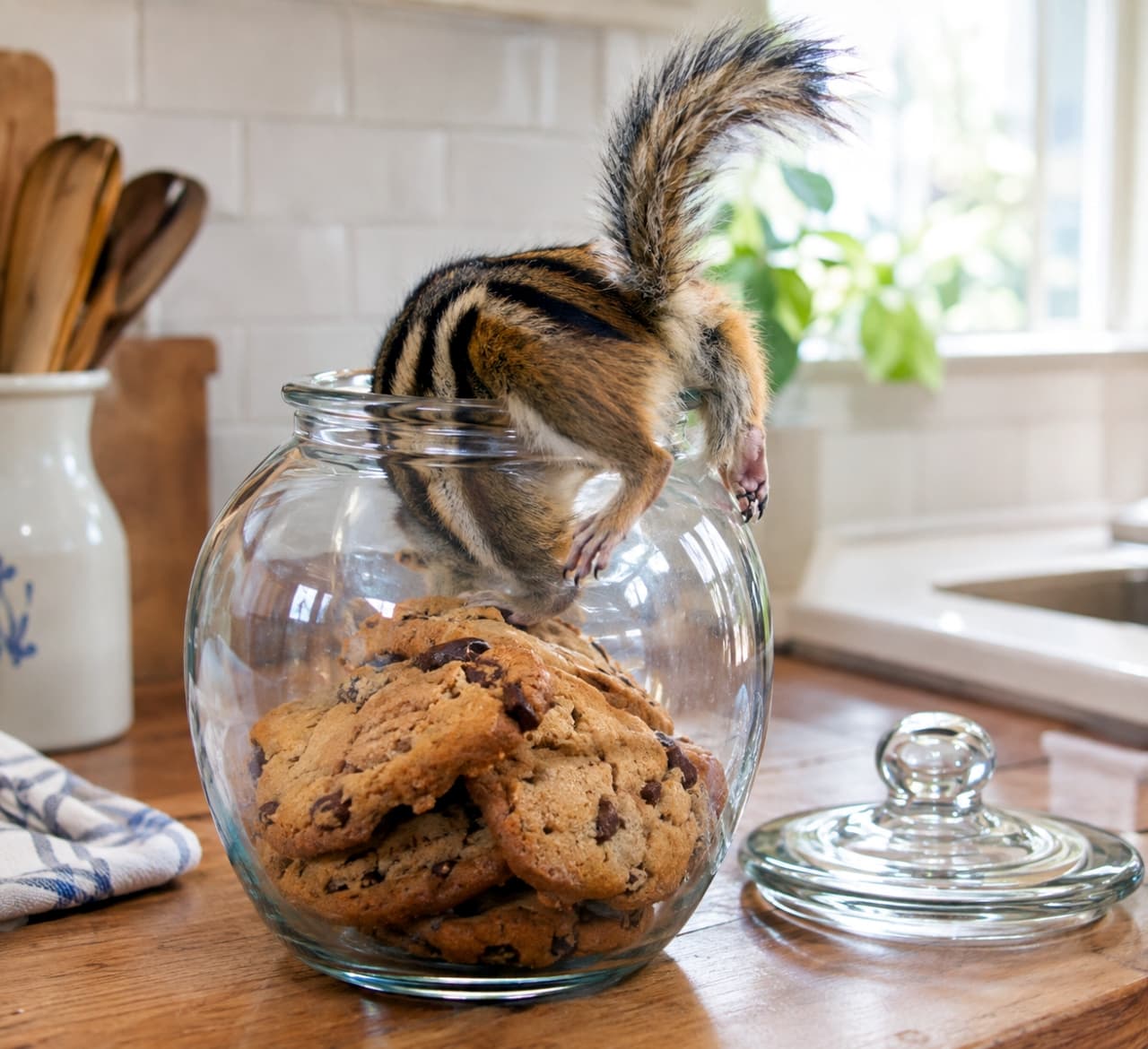 「ドジっ子全開!クッキー食べたくてジャーに詰まっちゃったシマリスちゃん🐾🍪」An ultra-realistic high-quality photograph of a chipmunk's rear end, with its bushy striped tail and hind legs awkwardly splayed out, stuck inside a large, round glass cookie jar filled with chocolate chip cookies on a sunlit wooden kitchen counter. The chipmunk has dive-bombed for the cookies, leaving its cute butt and paws exposed. The cozy kitchen background with cooking utensils and a potted plant is softly blurred. 明るいキッチンカウンターの上、蓋が外された大きなガラス製の丸いクッキージャーに、シマリスが頭から突っ込んでいる。ジャーの中からチョコチップクッキーを狙っているようで、外にはふさふさの尻尾と後ろ足、そして不格好に開いた後ろ脚の肉球が見える。シマリスの縞模様の背中が、ジャーの口で窮屈そうになっている情景。背景には、木製の道具や窓辺の植物が、自然光で柔らかくボケている