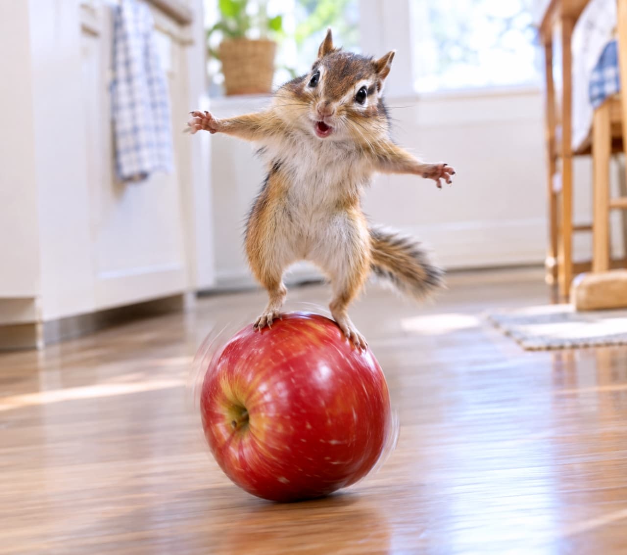 「リンゴの玉乗り、大ピンチ!🍎💦 バランス感覚の限界に挑むシマリスちゃんの慌て顔🐾」Ultra-realistic high-quality photograph of a chipmunk mid-action, wobbling and trying to balance on its hind legs on top of a large rolling red apple on a kitchen floor. Its front legs are stretched wide apart, and it has a playful, surprised expression with a wide-open mouth. Slight motion blur on both the chipmunk and the apple conveys rapid movement. Bright daylight illuminates the dynamic scene. 明るいキッチンのフローリングの上で、大きな真っ赤なリンゴに乗ってサーカスごっこをしているシマリス。リンゴが勢いよく転がっており、シマリスは両後ろ足をリンゴの上に置き、前足を大きく広げて必死にバランスを取ろうとしている。大きく口を開け、目を丸くした驚きの表情がコミカル。被写体とリンゴにはモーションブラーがかかっており、スピード感と慌てた様子がリアルに表現されている