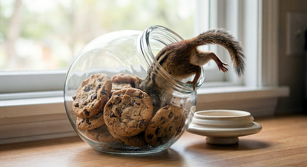 「クッキーの誘惑に勝てなかったリスさん🐿️🍪 傾いた瓶に横からダイブして、お尻としっぽが丸見えでキュート！」A photorealistic horizontal image of a chipmunk diving into a clear glass cookie jar filled with chocolate chip cookies. The jar's opening is angled towards the right, and the chipmunk is stuck halfway in, with its fluffy tail and back legs awkwardly sticking out of the side opening. The jar lid sits on the wooden kitchen counter nearby, illuminated by soft natural light from a window in the softly blurred background. チョコチップクッキーが詰まった透明なガラス瓶に飛び込んでいるシマリスの写実的な横長写真。瓶の口は右側に傾いており、シマリスは半分入り込んで、ふさふさの尻尾と後ろ足が横の開口部から不格好にはみ出している。近くの木製キッチンカウンターには瓶の蓋が置かれ、柔らかくぼやけた背景の窓からの自然光に照らされている