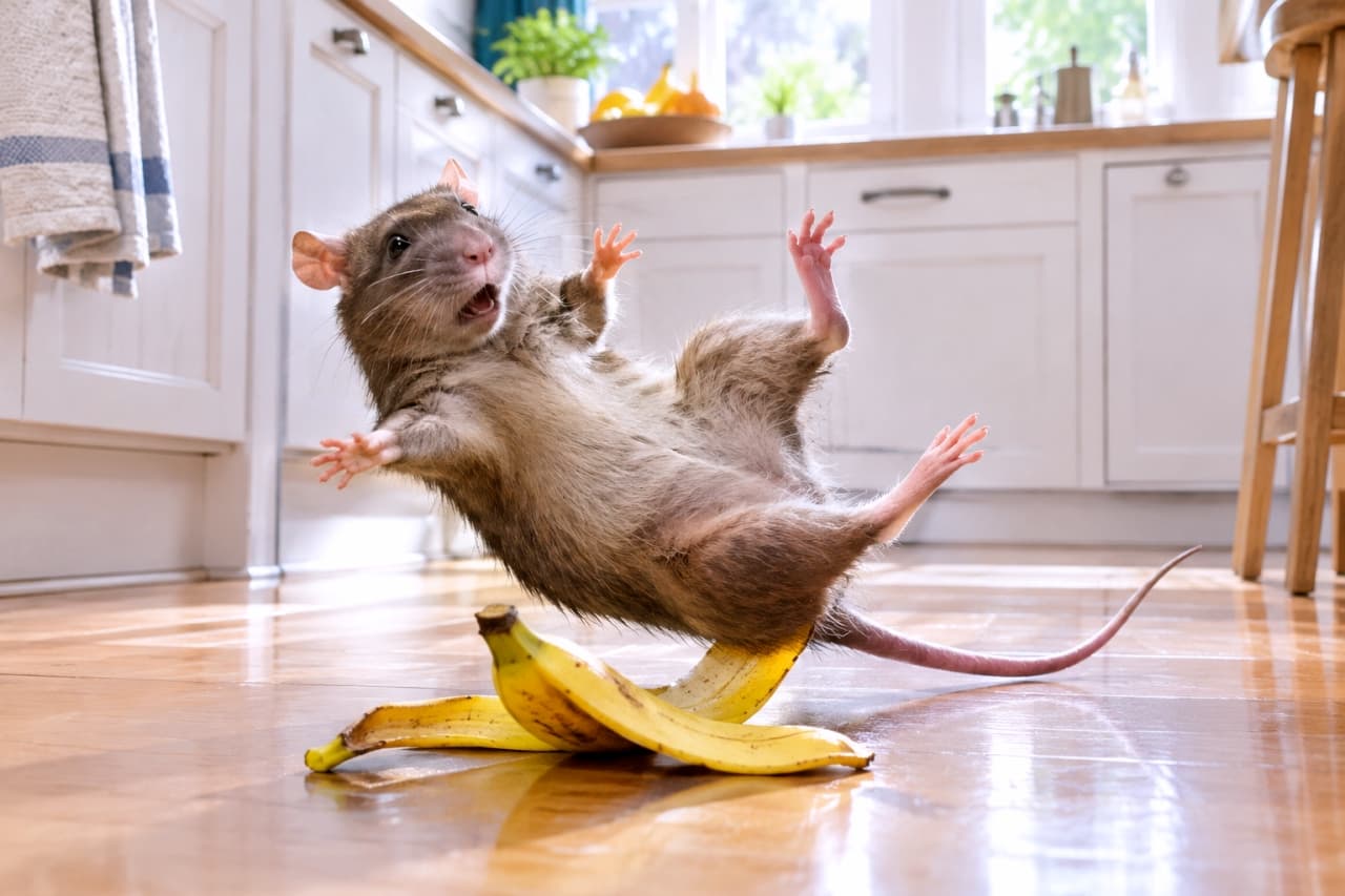 「バナナの皮に滑って、今にも…!ラットちゃんの、最高に驚いたお顔🍌⚡️」Ultra-realistic high-quality photograph of a brown fancy rat caught mid-air, slipping on a bright yellow banana peel on a polished wooden kitchen floor. The rat's face has a deeply startled expression, with wide eyes and open mouth. All four tiny paws are splayed out in panic, and its long tail arcs through the air. The scene is a dynamic and comical photorealistic moment of accidental slipping. 明るいキッチンの磨かれた木のフローリングの上、ラットがバナナの皮に滑り、体が宙に浮く瞬間。ラットの顔は、目を大きく見開き、口を開けた、最高に驚いた表情。四本の小さな脚は、慌てて空中をかいており、長い尻尾も弧を描いている。ラットの体は、床に対して水平に近く、今にもバナナの皮とともに転倒しようとしている