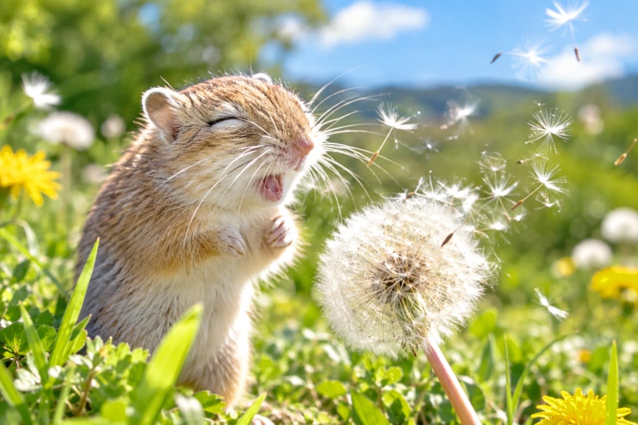 「タンポポの綿毛を嗅いで、大くしゃみ!🤧スナネズミちゃんの、奇跡の一枚✨🌱」Ultra-realistic high-quality photograph of a gerbil standing among dandelions in a wildflower meadow, caught mid-sneeze. Its eyes are tight shut, and its mouth is gaping wide, with a dense cloud of white dandelion seeds (fluff) and fine yellow pollen burst forth, filling the air. Bright sunlight highlights the animal's fur and the translucency of the flying particles against a blurred background of greenery and blue sky. 鮮やかなタンポポとお花畑で、目を固く閉じ、口を大きく開けてくしゃみをするスナネズミ。口元からは、タンポポの白い綿毛と、黄色い花粉が、まるで魔法のように舞い散っている。スナネズミの体は、お花畑の中で、くしゃみの衝撃に耐えているようなポーズ。明るい太陽光が、スナネズミの毛並みと、宙に舞う綿毛や花粉の透明感を強調し、春の情景を豊かに描写