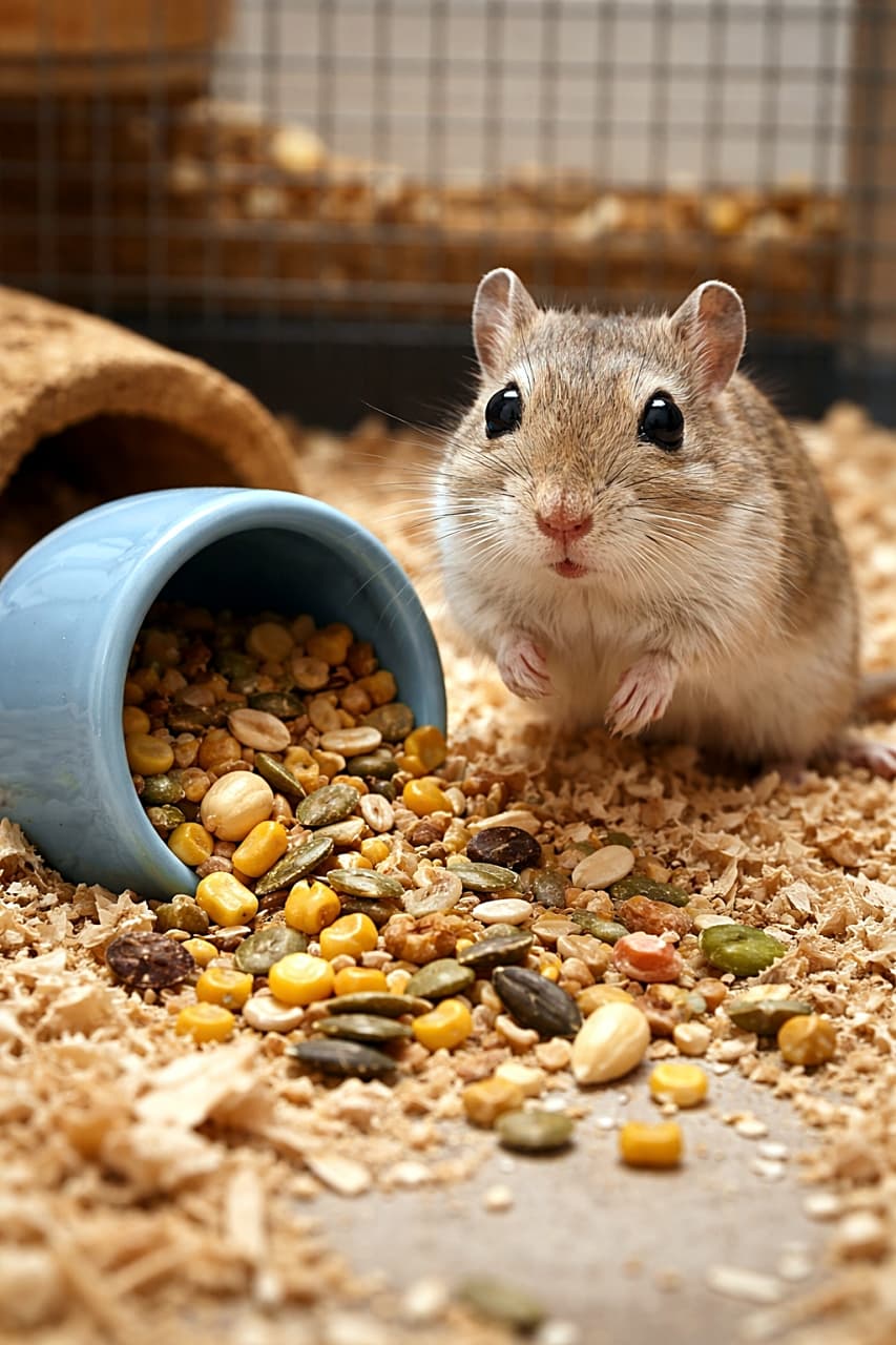 「あっ…やっちゃった！？餌皿をひっくり返してしまい、こぼれた種を前にフリーズするスナネズミ。キョトン顔がかわいすぎる決定的瞬間！ 🐹🌱」A surprised gerbil standing beside a tipped-over food bowl with spilled seeds scattered across the bedding inside its cage. ケージの中で餌皿をひっくり返してしまい、こぼれた種を前に驚いた表情で立ち尽くすスナネズミ