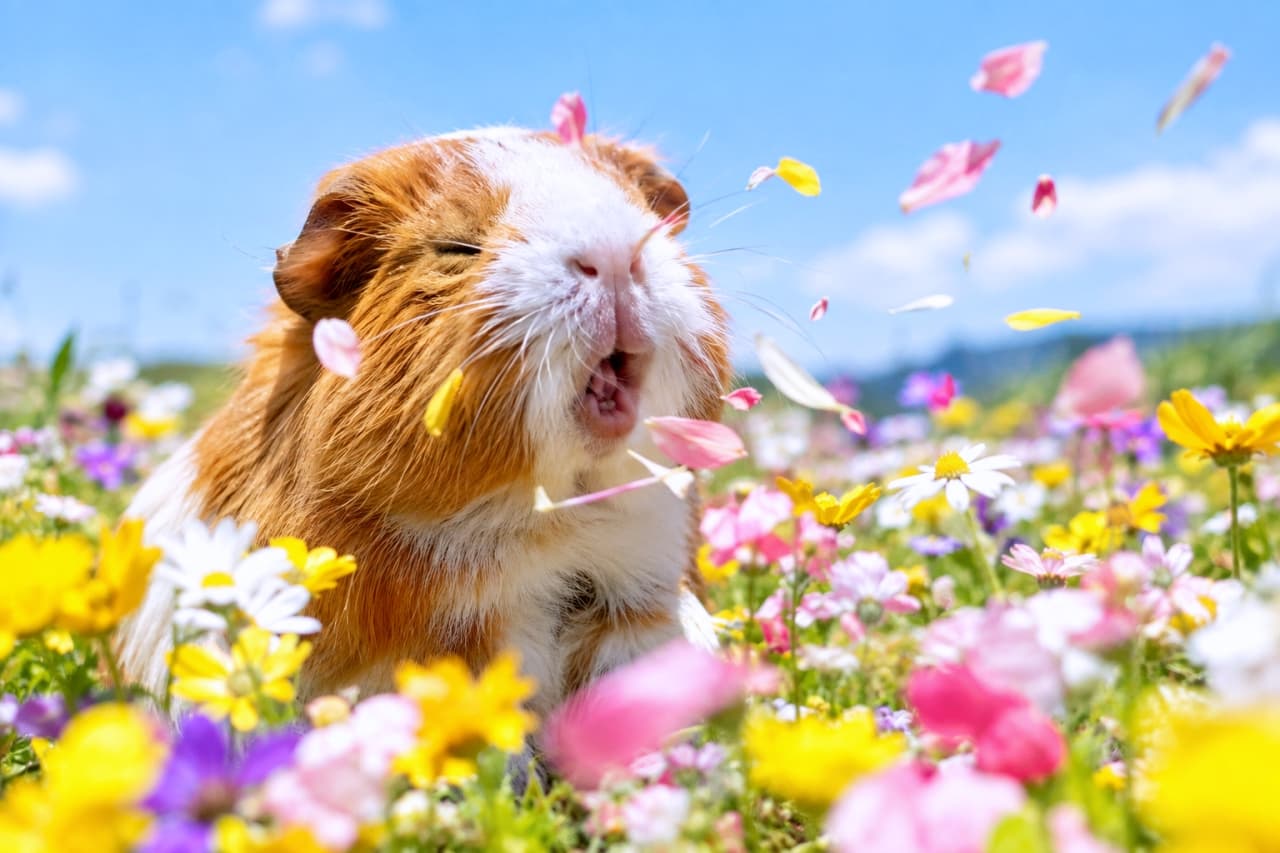 「お花畑で奇跡の瞬間!花粉と戦うモルモットちゃんの、最高にかわいい大くしゃみ🤧🌸✨」Ultra-realistic high-quality photograph of a guinea pig with closed eyes and a wide-open mouth, caught in a dramatic sneeze amidst a vibrant wildflower field. A cluster of pink and yellow petals and fine yellow pollen burst forth from its mouth, creating a whimsical and photorealistic moment. Bright sunlight highlights the animal's fur and the transclucence of the flying particles. 鮮やかな野花のお花畑で、目を固く閉じ、口を大きく開けてくしゃみをする茶白のモルモット。口元からは、細かい黄色の花粉と、ピンクや黄色の小さな花びらが、まるで魔法のように舞い散っている。明るい太陽光が、モルモットの毛並みと、宙に舞う花粉や花びらの透明感を強調し、春の情景を豊かに描写