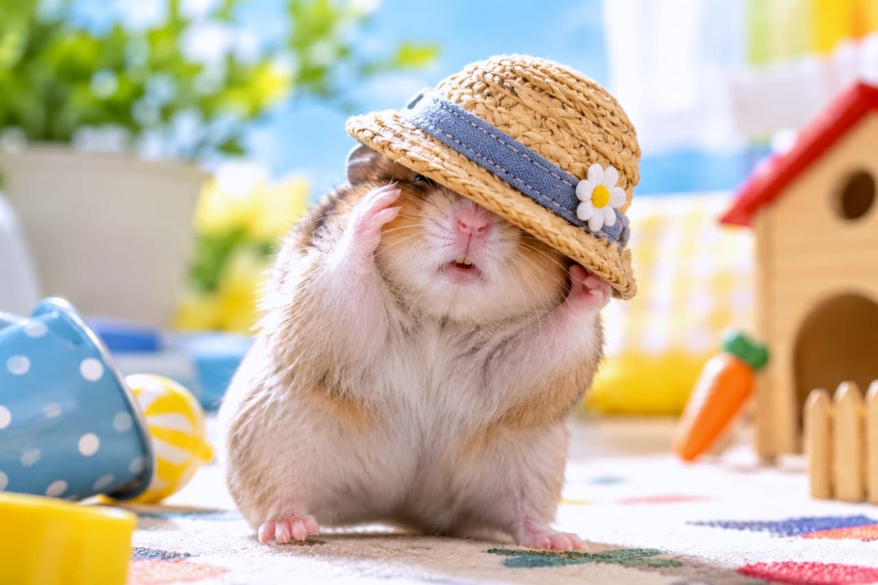 「前が見えないよ〜!👒💦 大きな帽子にすっぽり隠れちゃったハムスターちゃんのSOS🐹」Ultra-realistic high-quality photograph of a golden hamster standing on its hind legs in a colorful playroom, completely blinded by a small, flower-adorned straw hat that has slipped down over its eyes. The hamster has its tiny front paws raised near its face in a comical attempt to lift the hat. The background features bright toys and a blue sky wallpaper, illuminated by cheerful daylight. 明るい子供部屋のようなカラフルなプレイスペースで、小さな麦わら帽子(お花の飾り付き)が目元まですっぽりと落ちてしまい、視界を奪われて立ち上がっているゴールデンハムスター。帽子を押し上げようとするかのように、小さな両前足を顔の横に上げているポーズが愛らしい。背景には小さなおもちゃの家やニンジン、青空の壁紙が自然光で鮮やかに描写されている