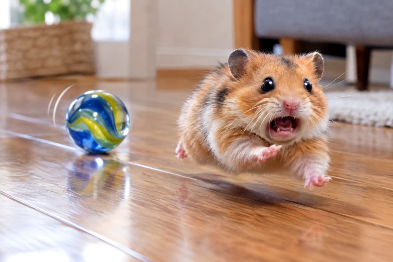「ちょ、待って!そのビー玉、巨大すぎるってば!🐹💦🏃♂️ 命がけの逃亡劇、開幕!」Ultra-realistic high-quality photograph of a golden hamster with white and brown patches, running in a panic across a wooden floor away from a large, rolling blue and yellow marble. The hamster's face has a comical, wide-eyed and wide-mouthed expression of shock. It's in mid-air, splayed out in a desperate sprint. The marble reflects the light as it rolls behind it. The background of furniture and plants is dynamically blurred, enhancing the sense of motion. 木製のフローリングの上、ゴールデンハムスター(白と茶)が、巨大なビー玉(青と黄のマーブル柄)から必死に逃げている瞬間。ハムスターは、口を大きく開け、目を大きく見開いたパニック顔で、四本の後ろ脚で宙に浮くような体勢。ビー玉はハムスターの後方で、転がる動きと光の反射がリアルに描写されている。背景の家具や観葉植物はダイナミックにボケており、臨場感溢れる一枚