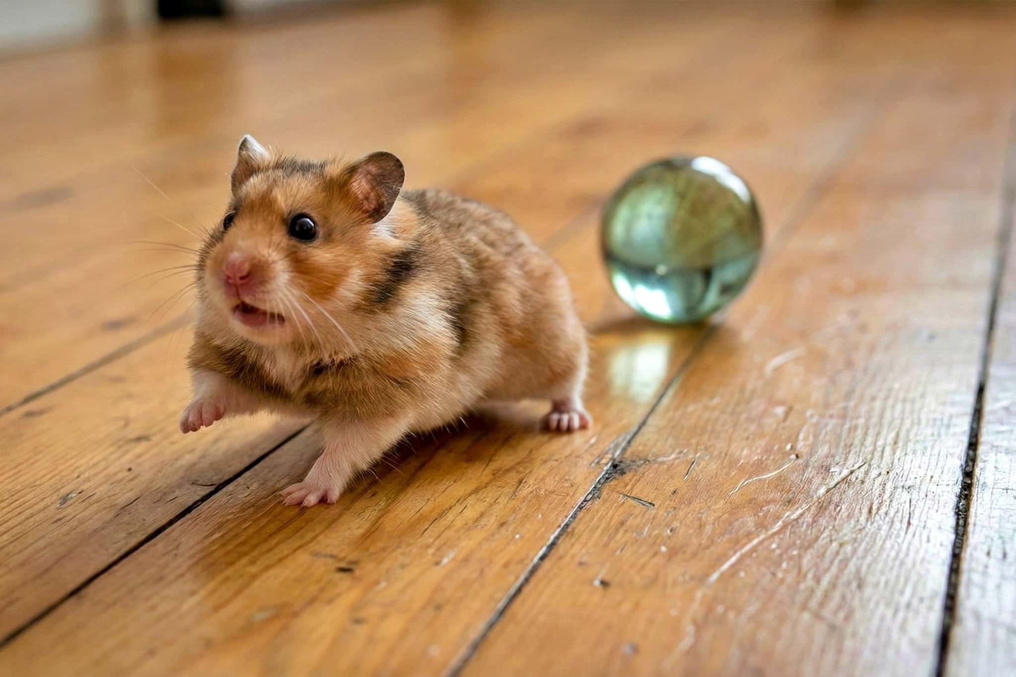 A brown-and-white hamster, likely a Syrian hamster, stands alert on a wooden floor with its front paws slightly raised, facing away from a transparent spherical exercise ball behind it. Soft natural indoor light highlights the fur texture and the smooth reflections on the ball, shallow depth of field emphasizing the hamster’s cautious posture. 木の床の上で、茶白のハムスター（シリアンハムスターと思われる）が前足を少し持ち上げて警戒した姿勢で立ち、背後には透明な球形のエクササイズボールが置かれている。柔らかな自然光が毛並みとボールの反射を際立たせ、浅い被写界深度がハムスターの慎重な様子に焦点を当てている