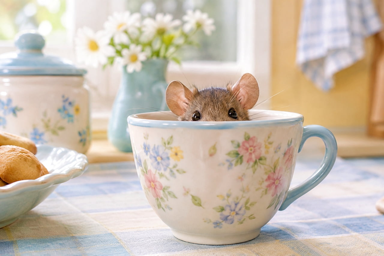 「すっぽりハマって、チラ見せ作戦?🐹☕️ この場所、落ち着くんだよね」Ultra-realistic high-quality photograph of a small brown house mouse (presumed) snugly fitted inside a large floral-patterned teacup on a sunlit country-style kitchen counter. Only its large, round ears and dark, curious eyes are peeking over the rim. The background features other floral containers, a plate of cookies, and white flowers by a window, softly blurred by natural light. The textures of the ceramic and the mouse's fur are highly detailed. カントリー調の明るいキッチンカウンターの上、蓋が外された大きな花柄のティーカップに、茶色い被毛のハウスマウス(推測)がすっぽりとハマっている。カップの縁から、大きな丸い耳と、つぶらな黒い目だけを覗かせており、好奇心と警戒心が入り混じった表情。背景には、別の花柄の容器、クッキーが盛られた皿、窓辺の白い花が自然光で柔らかくボケている。カップの質感とネズミの毛並みがリアルに描写された一枚