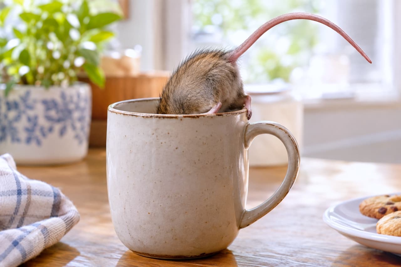 「お、おいしいもの、あった…かな?🐹☕️ 好奇心が勝った結果」Ultra-realistic high-quality photograph of a mouse with grayish-brown fur, head-first inside a large off-white ceramic mug on a wooden table. Its plush rear end and long pink tail are comically exposed, stuck in a tail-up pose. The background includes the wooden table surface, a softly blurred potted plant, a plate of cookies, and a checked cloth. Bright indoor natural light illuminates the scene, highlighting the textures of the ceramic and the mouse's fur. 木製のテーブルの上、大きなオフホワイトのマグカップに、茶灰色の被毛のマウス(推測)が頭から突っ込んでいる。外には、リスのようなふさふさした被毛のお尻と、長いピンクのしっぽだけが外に、ピンと立てた体勢。背景には、木製テーブル、給水器?ボケた植物、クッキー、チェッククロスが見え、リアルな室内光が情景を照らしている。マグカップの質感と、マウスのお尻の被毛がリアルに描写された一枚