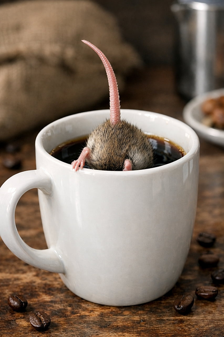 「コーヒーの香りに引き寄せられてダイブ!? マグカップに頭から落ちて、尻尾だけぴょこんと飛び出した好奇心旺盛なネズミのハプニング🐭☕」A photorealistic image of a curious mouse that has fallen headfirst into a white coffee mug filled with black coffee, with only its tail and hind legs sticking out above the rim on a wooden table. 好奇心旺盛なネズミがコーヒーの入った白いマグカップに頭から落ち、尻尾と後ろ足だけがカップの縁から突き出ているフォトリアルな写真