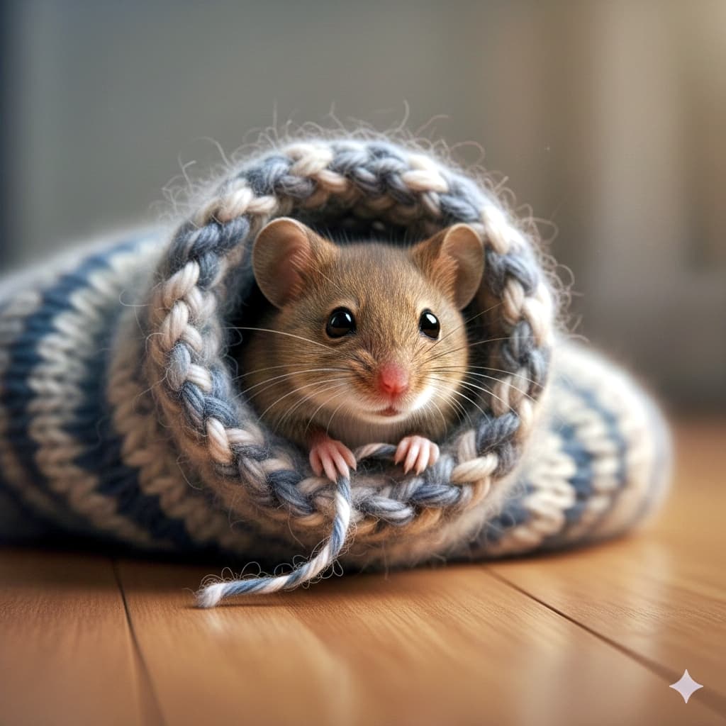 A small brown mouse peeks from the opening of a cozy wool sock with blue and white stripes, its large dark eyes and pink nose visible as tiny paws grip the edge. The sock lies on a wooden floor, softly blurred background and warm indoor lighting creating an intimate, homey atmosphere. 青と白のストライプ柄の毛糸靴下の口から、小さな茶色のネズミが顔をのぞかせ、黒い大きな目とピンクの鼻、縁に添えた小さな前足が見える。靴下は木の床に置かれ、背景は柔らかくぼかされ、室内の温かい光が親密でやさしい雰囲気を演出している
