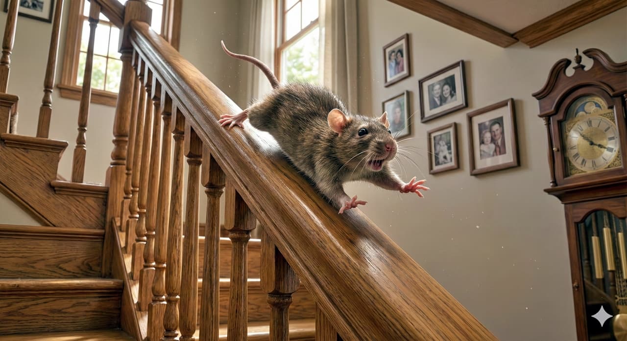 A brown rat is mid-slide down a polished wooden stair banister, limbs extended and mouth open in a wild, surprised expression. The home interior shows wooden stairs, a grandfather clock, and framed family photos, with natural window light adding realistic reflections and motion emphasis. 磨かれた木製手すりを茶色いラットが滑り降りており、手足を伸ばして口を開けた驚いた表情を見せている。室内には木の階段、柱時計、家族写真が並び、窓からの自然光が反射を生み出して動きの躍動感を強調している