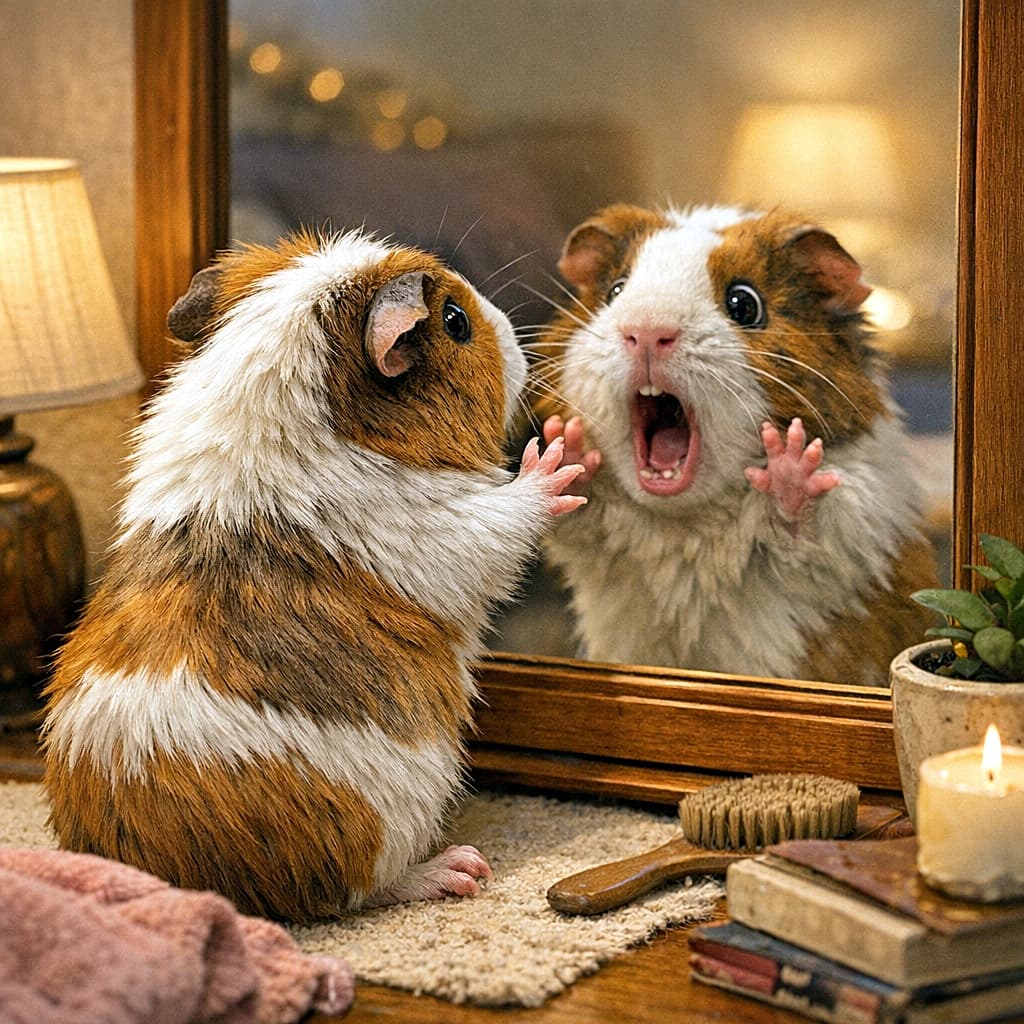 「「キャーッ！私ニャ！」鏡の中の自分に絶叫！？🐾 前足を突いて驚く姿がコミカルすぎるモルちゃん✨」A photorealistic close-up square image of a guinea pig viewed from behind, pressing its front paws against a mirror. The mirror reflection shows a dramatic, comical reaction with the guinea pig's mouth wide open and teeth showing, as if screaming in shock. A lit candle and a wooden brush are visible on the table in the foreground. 鏡に前足を押し当てているモルモットの後ろ姿の写実的なクローズアップ正方形写真。鏡の中の反射では、ショックで絶叫しているかのように口を大きく開けて歯を見せた、ドラマチックでコミカルな表情が映し出されている。手前のテーブルには火のついたキャンドルや木のブラシが置かれている