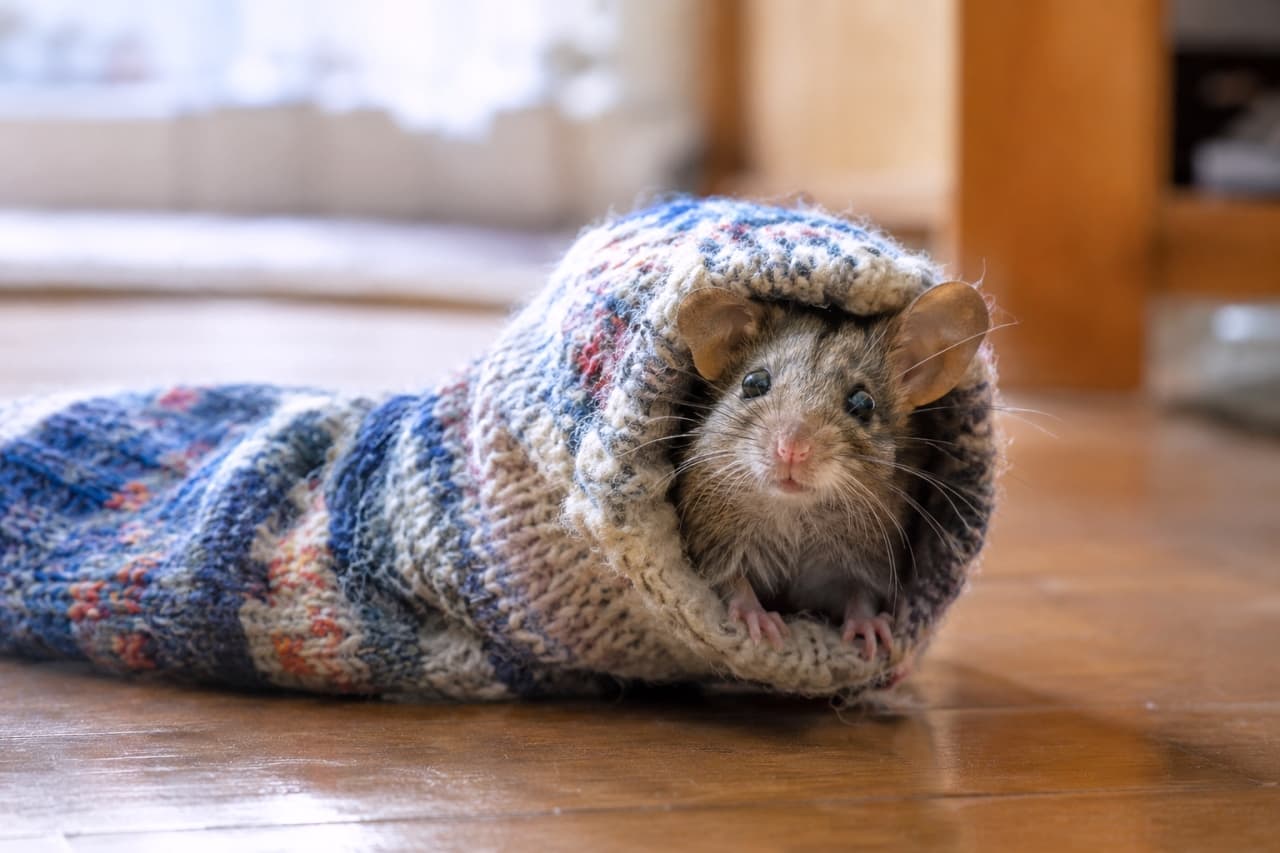 「暖かそうだったから入ったのに…🐭🧦 途中でつっかえて不機嫌モード全開の子ネズミちゃん💨」Ultra-realistic high-quality photograph of a small brown mouse stuck halfway inside a thick, blue and grey knitted woolen sock on a wooden floor. Only its head and front paws are poking out of the opening. It has large ears and dark eyes, but wears a slightly grumpy and resigned expression. Soft natural light from a window highlights its fine whiskers and the cozy, textured knit of the sock against a blurred background. 木製のフローリングの上、青やグレーが混ざった分厚いウールの手編み風靴下の中に潜り込んだものの、途中で身動きが取れなくなり、入り口から顔だけを出している茶色い子ネズミ。大きな耳とつぶらな瞳が特徴的だが、口元を引き結んだ少し不機嫌そうで諦めたような表情をしている。窓からの柔らかな自然光が、ネズミの細いヒゲと靴下の温かみのあるニットの質感をリアルに描き出している