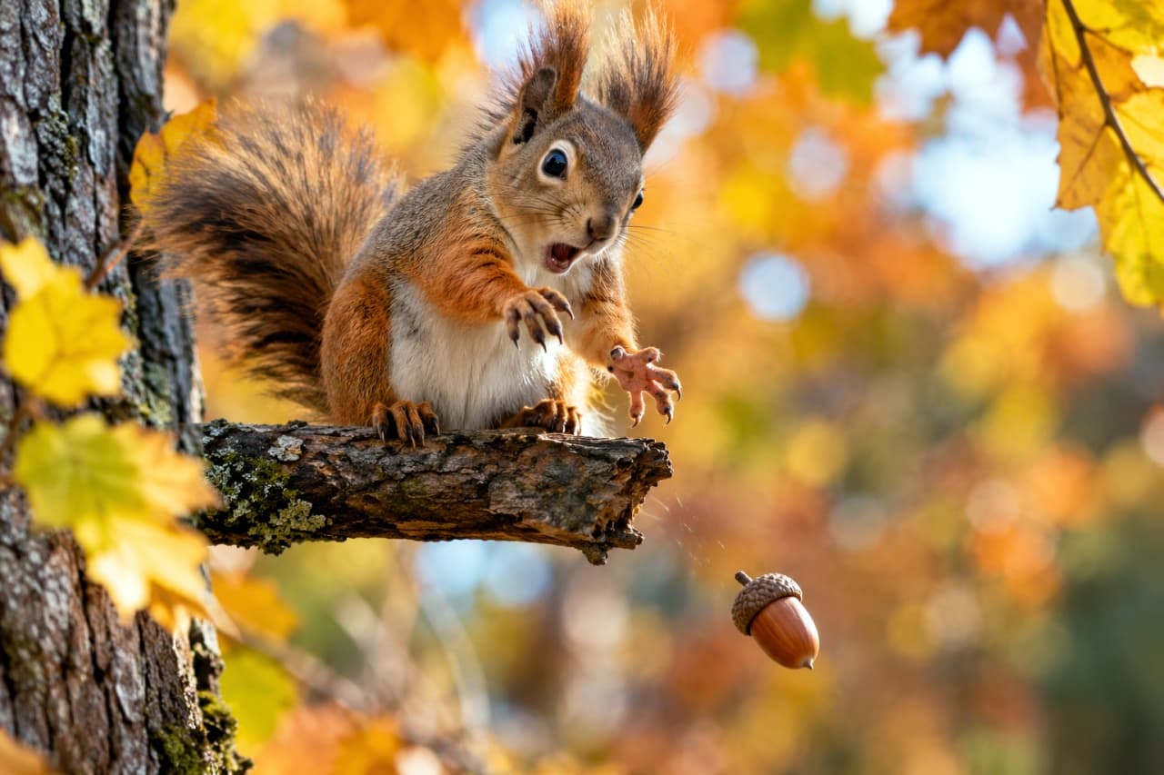 「あぁっ!私の冬支度がぁぁぁ!🐿️🍂 どんぐり、待ってー!」Ultra-realistic high-quality photograph of a red squirrel (presumed) with long ear tufts and brown fur, sitting on a mossy tree branch and looking down at a falling acorn. The squirrel has a comically shocked expression with a wide-open mouth and eyes. Its front paw is splayed out as if pointing at the lost acorn. The acorn is in mid-air, catching the sunlight as it drops. The background is a deeply blurred, sun-dappled autumn forest with vibrant orange and yellow foliage. The textures of the bark and fur are highly detailed. 秋の森の木の上、茶色い被毛で耳の毛が長いエゾリス(推測)が、木の枝に座り、落ちていくどんぐりを見下ろしている。リスは、口を開け、目を大きく見開いたショックと驚きの表情。前足は、どんぐりを指差すような体勢。どんぐりはリスの手元から、木漏れ日を反射しながら落下している。背景には、鮮やかな紅葉が美しい森が、ダイナミックにボケている。木の幹の質感とリスの毛並みがリアルに描写された一枚
