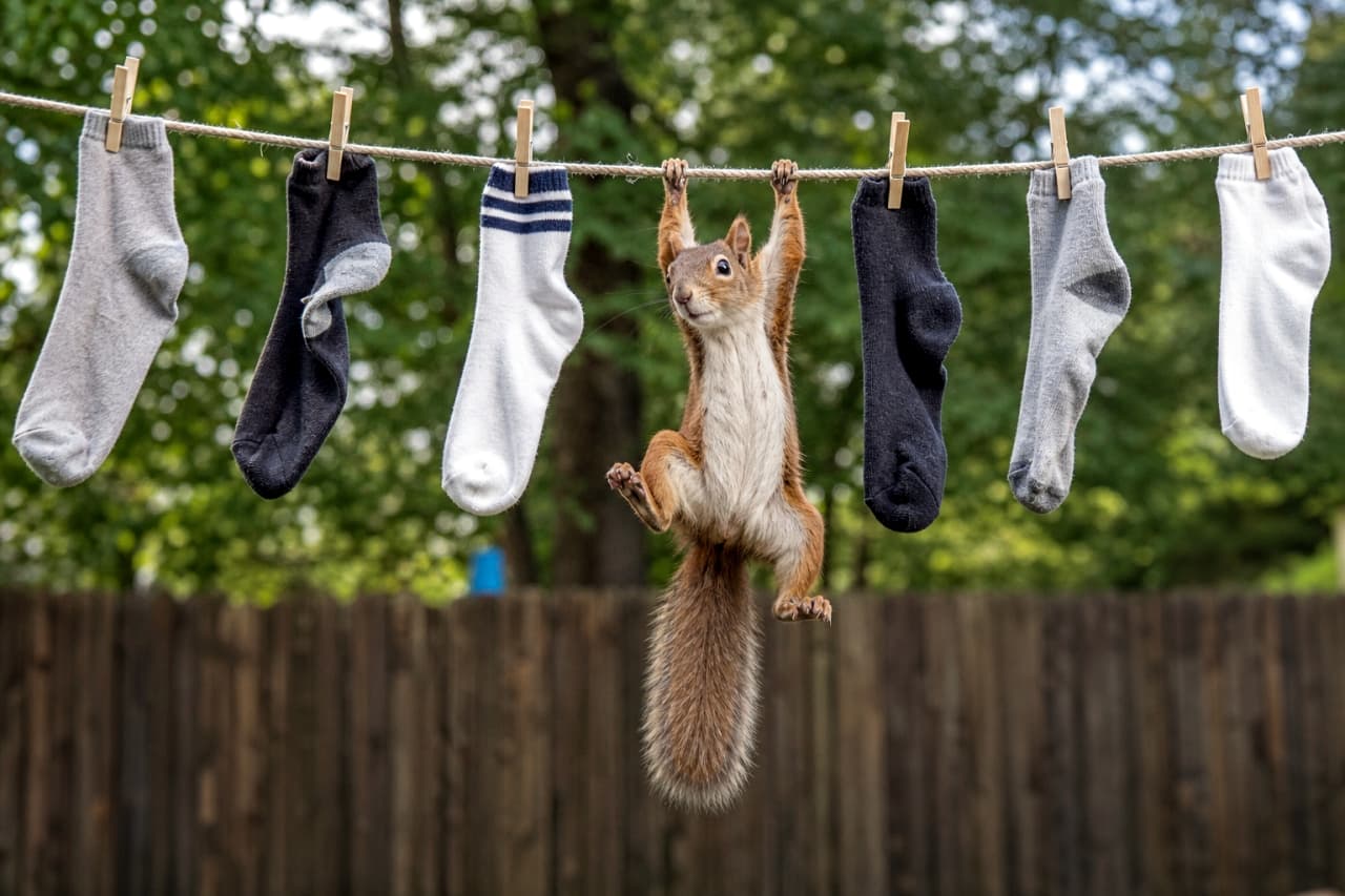 「あれ?気付いたら干されてた!?🧦🐿️ 遊び心かドジなのか、絶妙なぶら下がりポーズが最高!」Ultra-realistic high-quality photograph of a brown squirrel hanging by its front paws from a rustic clothesline strung with various socks pegged with wooden clothespins. The squirrel has one hind leg raised and wears a comical, bewildered expression, unsure if it's playing or stuck. Its large bushy tail hangs straight down. The background features softly blurred green trees and a wooden fence, beautifully lit by natural outdoor daylight. 屋外の緑豊かな庭を背景に、洗濯バサミで留められた靴下が並ぶ麻の物干しロープから、両前足でぶら下がっている茶色いリス(推測)。片方の後ろ足を上げ、宙ぶらりんの状態で、遊んでいるのか失敗したのか分からない、きょとんとしたとぼけた表情をしている。大きなふさふさの尻尾が下に垂れ下がり、背景の木々やフェンスが柔らかくボケていて、自然光がリスの毛並みを鮮明に照らし出している