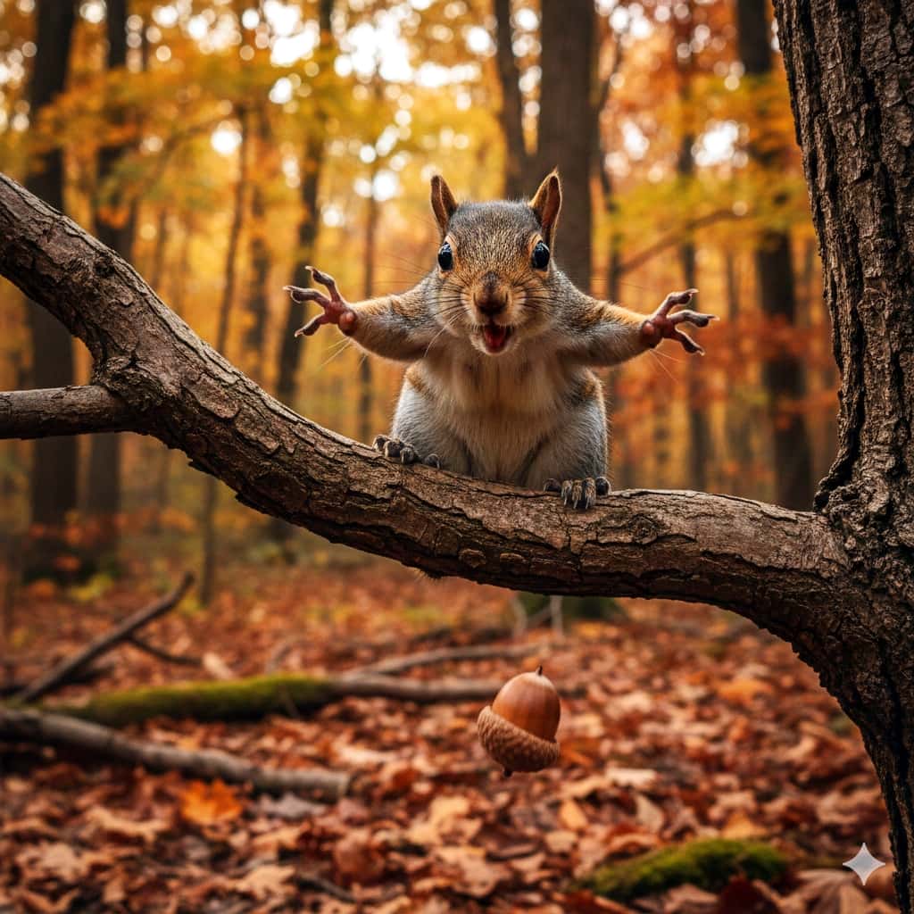 A photorealistic squirrel on a tree branch in an autumn forest, frozen mid-reaction as it drops an acorn, with outstretched limbs and a comically shocked expression. 秋の森の木の枝にいるリアルなリスが、どんぐりを落として驚いた瞬間を捉えた写真。前肢を伸ばし、コミカルな表情で固まっている