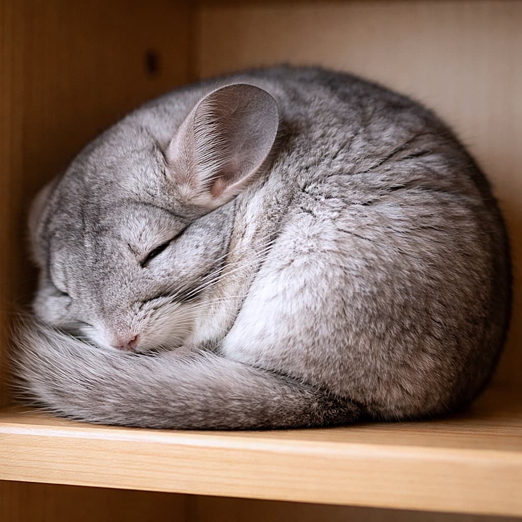 「ふわふわの毛玉みたいにくるんと丸まって夢の中。木の棚の上で気持ちよさそうに眠るチンチラ、見ているだけでこちらまでほっこりします」A fluffy chinchilla curled into a round ball, sleeping peacefully on a wooden shelf, with its tail wrapped around its body. 木製の棚の上で体を丸め、しっぽを体に巻きつけて静かに眠るふわふわのチンチラ