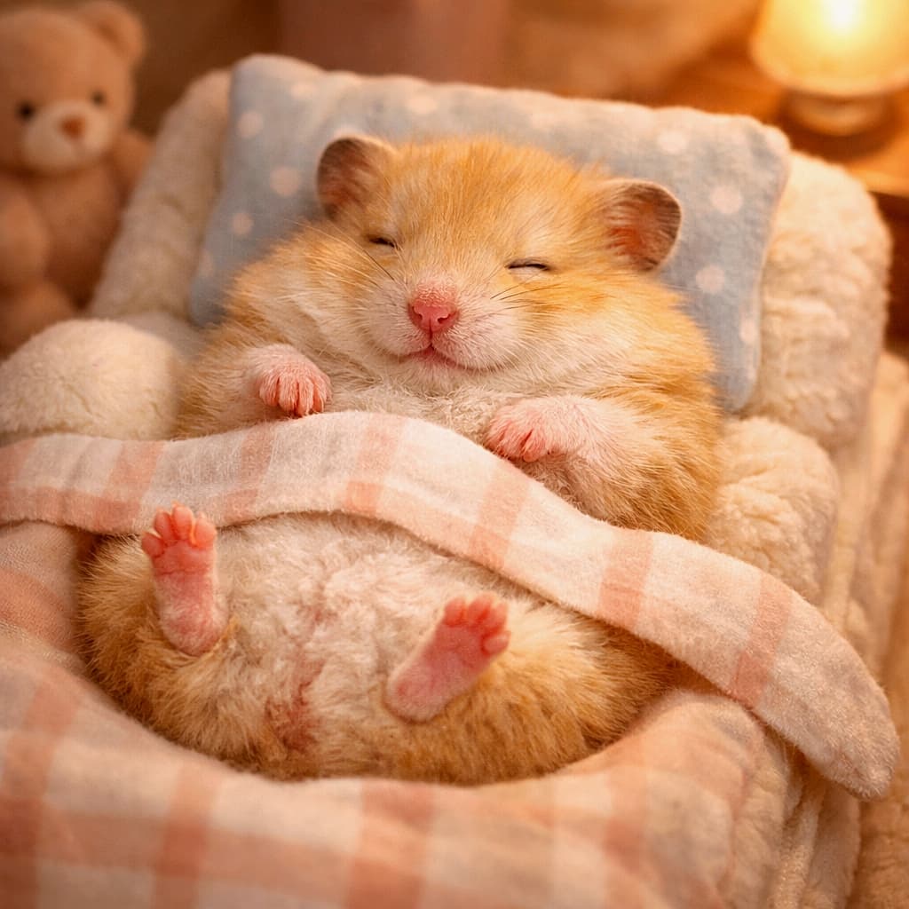 「ぬいぐるみベッドで仰向け爆睡中のゴールデンハムスター。お腹を見せてすやすや眠る姿に、思わず「平和すぎる…！」とつぶやきたくなる癒やしのワンシーン」A fluffy golden hamster sleeping on its back in a tiny plush bed, tiny pink paws up, tucked under a soft blanket with warm cozy lighting. ふわふわのゴールデンハムスターが小さなぬいぐるみのベッドで仰向けになって眠っている。ピンクの小さな足を上げ、やわらかな毛布にくるまれた温かく心地よい雰囲気