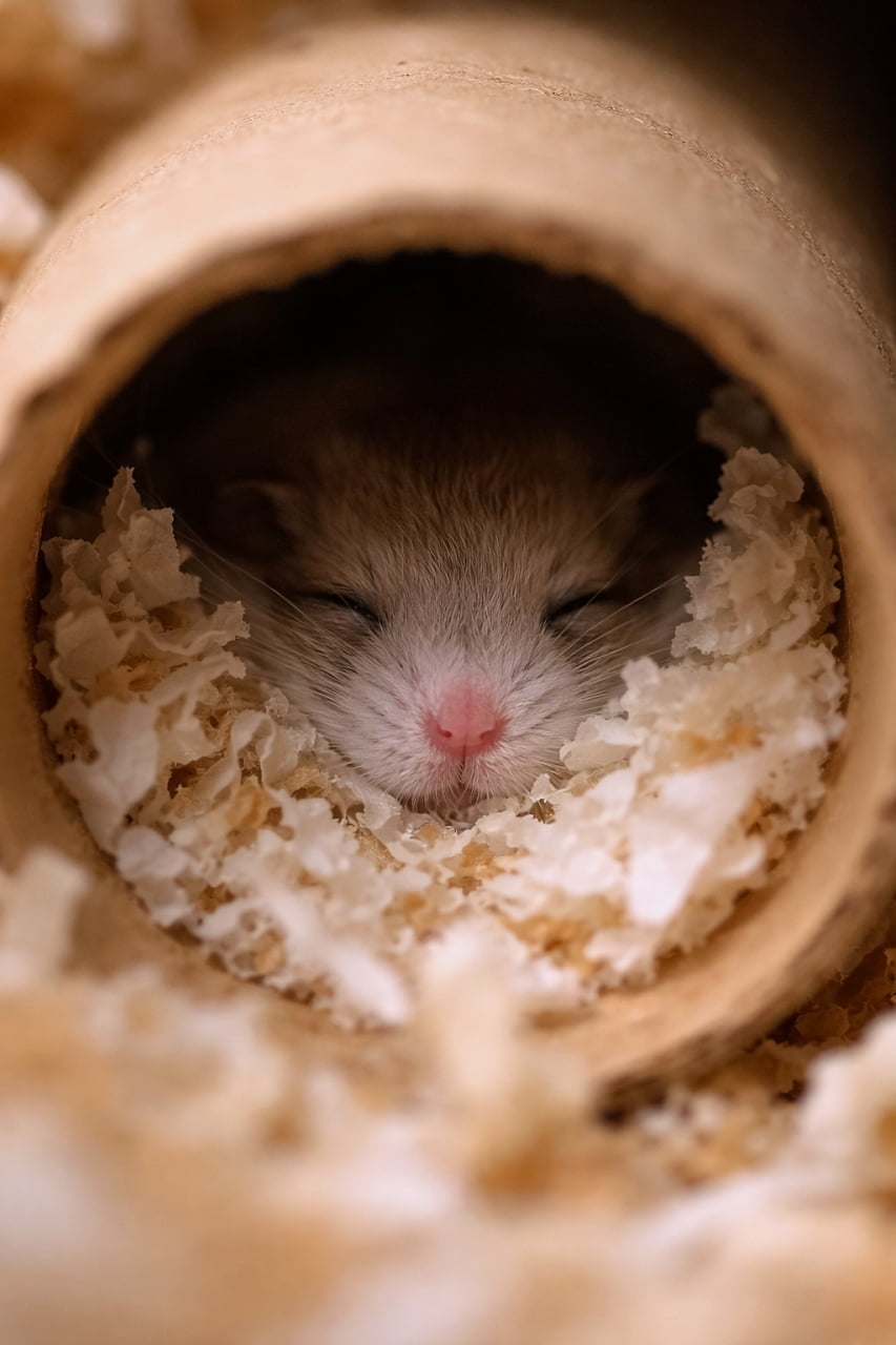 「トンネルの奥でぐっすり夢の中。床材にすっぽり埋もれて、ピンクの鼻だけがちょこん。見つけた人だけがほっこりできる、秘密のハムスターお昼寝スポット」A tiny hamster sleeping inside a cardboard tunnel nest, barely visible among soft bedding with only its pink nose and face peeking out. 段ボールのトンネル巣の中で眠るハムスター。柔らかい床材に埋もれ、ピンクの鼻と顔だけがかすかに見えている
