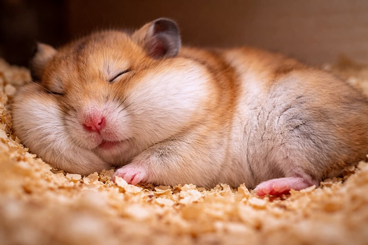 「ほっぺパンパンのまま夢の中…！頬袋をそのまま枕にして、横向きでぐっすり眠るハムスター。見ているだけで癒やされる、ふわふわお昼寝タイム🐹💤」A hamster sleeping on its side in soft wood shavings, its puffed cheek pouches acting like a pillow, eyes closed peacefully. ふくらんだ頬袋を枕のようにして、木くずの上で横向きにぐっすり眠るハムスター