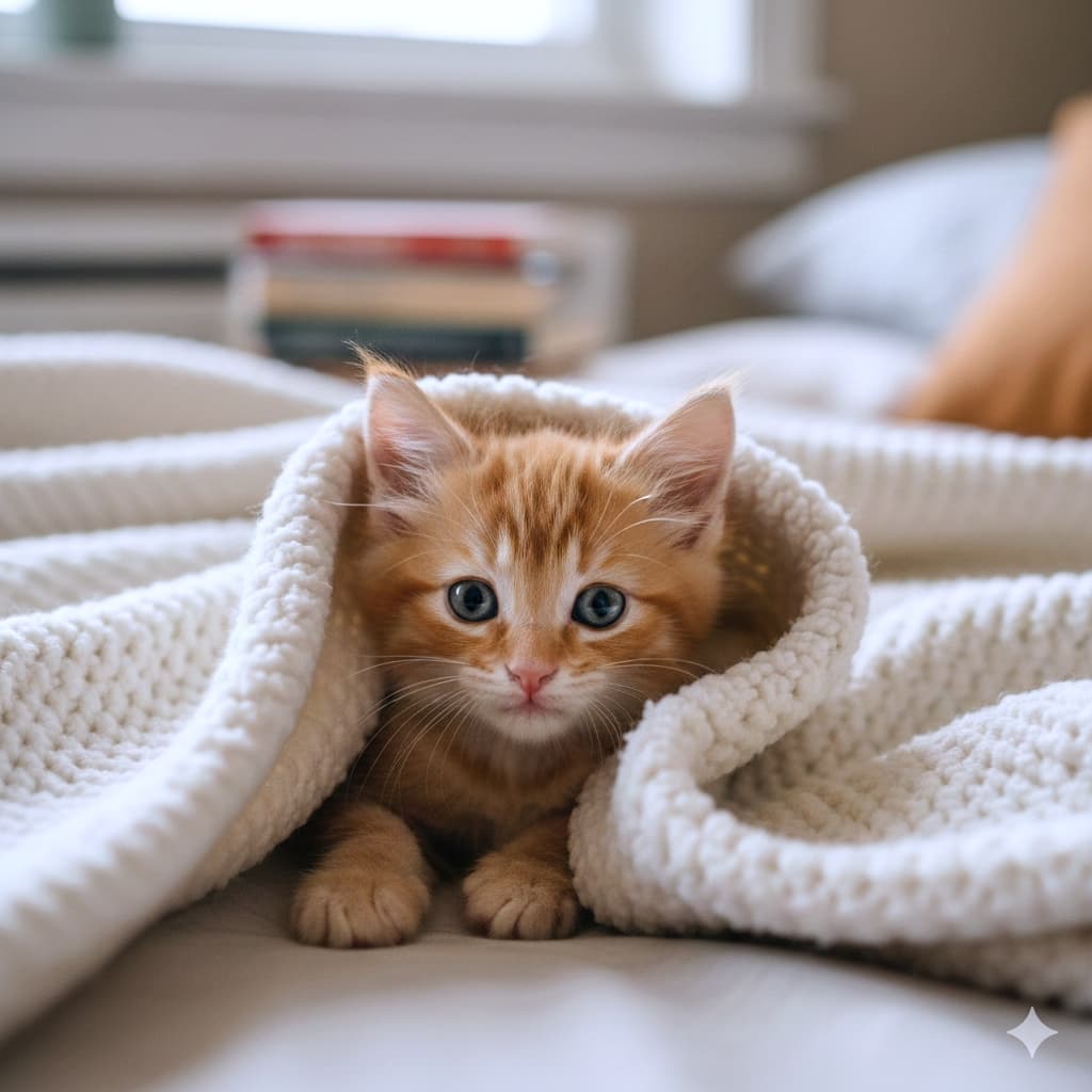 A blue-eyed orange tabby kitten nestled in a cream knitted blanket on a bed, peeking out warmly. 青い瞳のオレンジ色の子猫が、ベッドの上のクリーム色の毛布に包まれて顔をのぞかせている