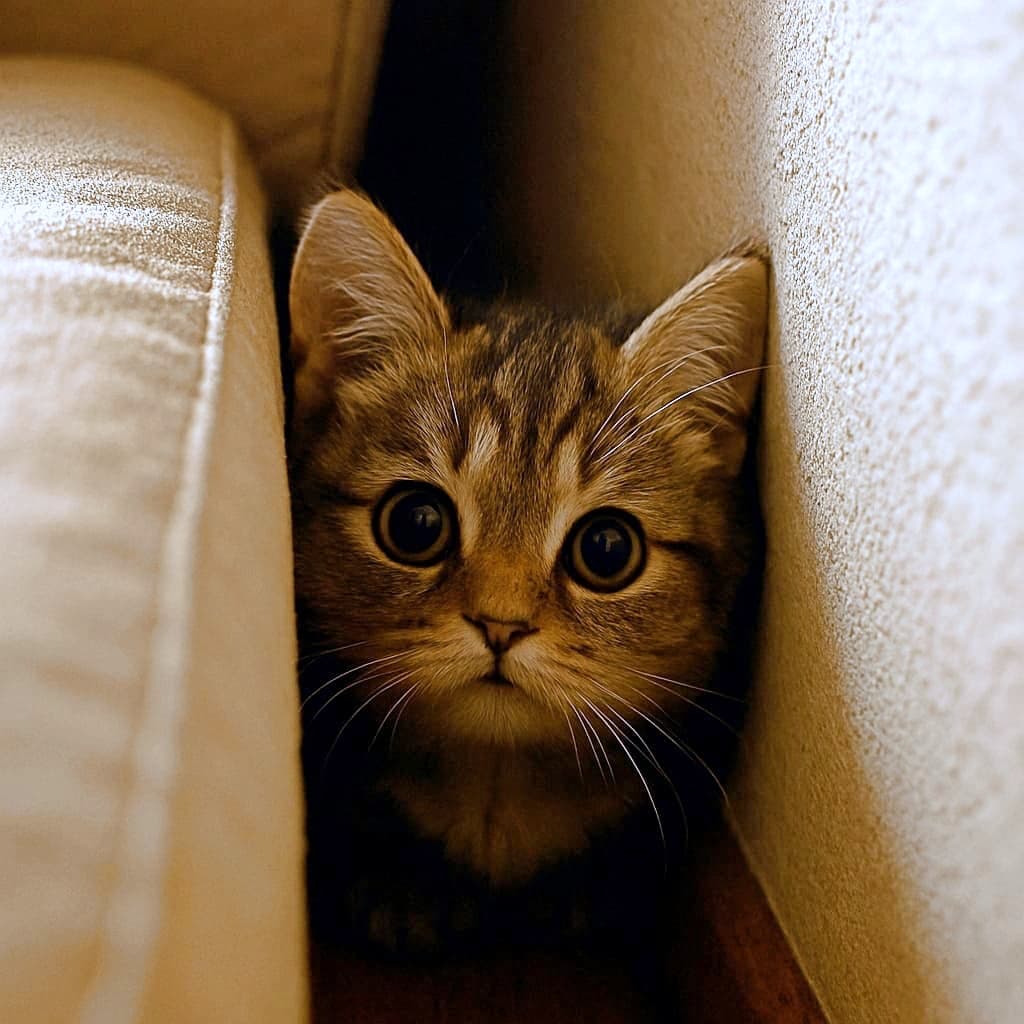 ソファと壁のすき間にすっぽり収まり、大きな瞳でこちらを見つめる縞模様の子猫。暖かい照明がやさしい陰影を作り、安心感と好奇心が同居する表情をしている