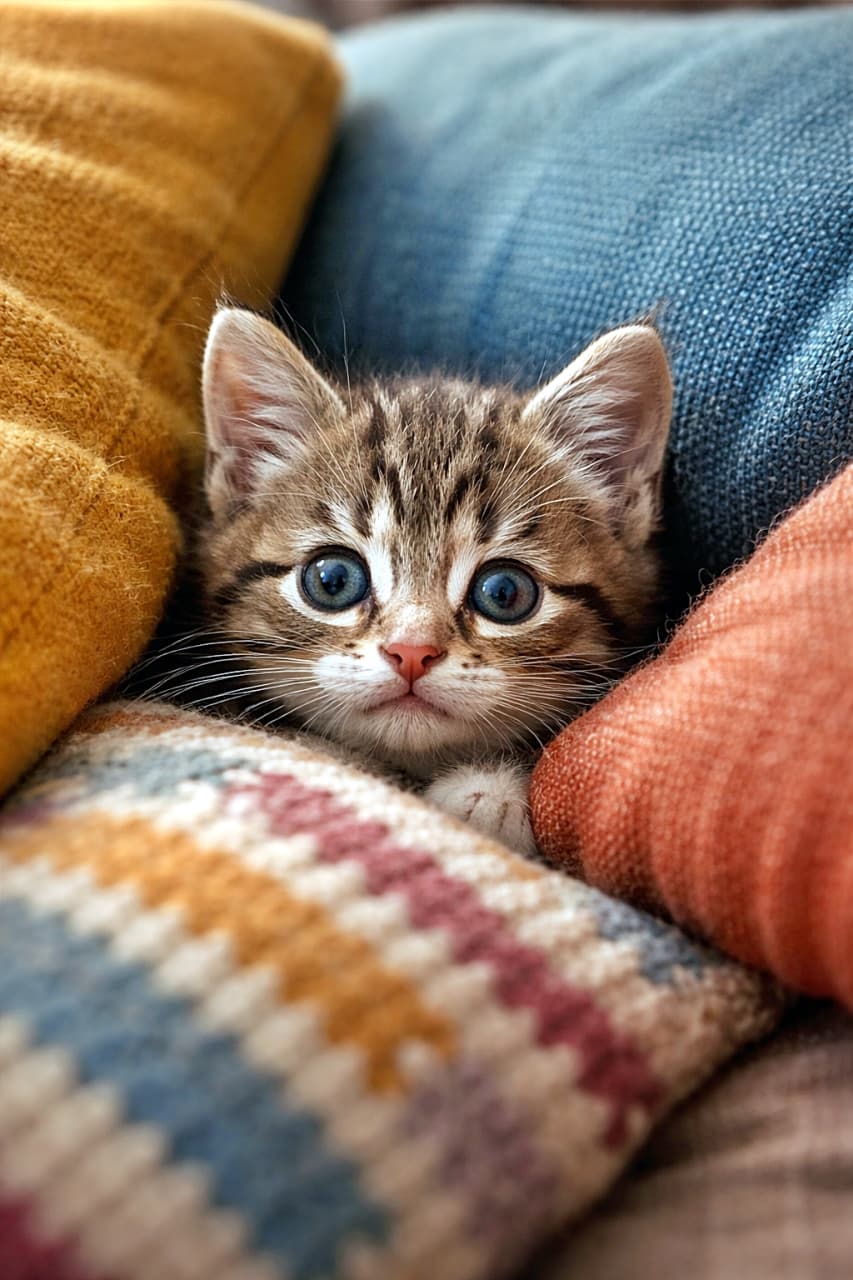 「クッションのすき間は、子猫にとって秘密基地。のぞく瞳が、今日も世界を可愛くする」A realistic close-up of a kitten peeking out from between colorful cushions, with playful eyes and a cozy atmosphere. カラフルなクッションの間から顔をのぞかせる子猫。遊び心のある瞳と、ぬくもりを感じるリアルな質感