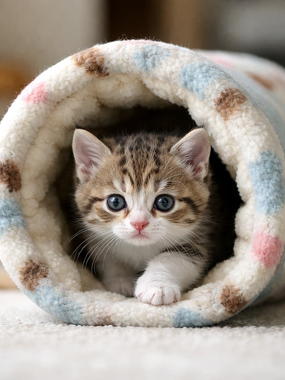 「ブランケットのトンネル探検中。短いあんよでも、好奇心は最長クラスです」A photorealistic Munchkin kitten crawling through a soft blanket tunnel, looking straight at the camera with curious eyes. やわらかなブランケットのトンネルをくぐり抜ける、好奇心いっぱいのマンチカンの子猫。正面を見つめている様子