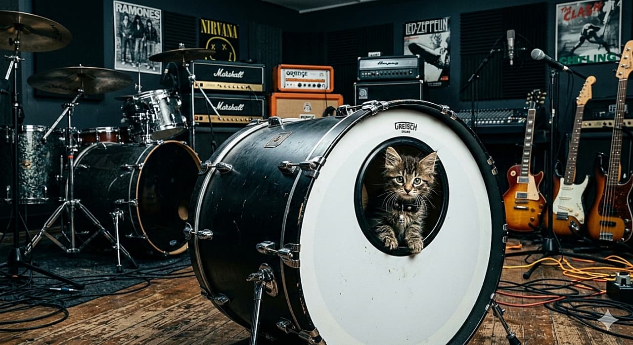「ピGretschドラムから参上ニャ🤘スタジオの覇者、ロック猫参上ニャ!」A photorealistic, high-resolution horizontal image of a young tabby kitten, wearing a black leather studded collar with a skull charm, looking directly at the camera with clear eyes from the sound hole of a black Gretsch bass drum with a white front head in a well-equipped music studio. The studio background is densely packed with musical instruments and amplifiers, including Marshall, Orange, and Ampeg amps, a full drum kit, multiple Fender-style electric guitars, and posters of bands like Ramones, Nirvana, Led Zeppelin, and The Clash. The flooring is weathered wood. キジトラの子猫が、Gretschのロゴが入った黒いバスドラム(白いフロントヘッド)のサウンドホールから顔と前足を出し、まっすぐカメラを見つめている写実的で高解像度の横長写真。子猫はスタッズとスカルチャームがついた黒い革製の首輪を着用している。背景の音楽スタジオには、Marshall、Orange、Ampegのアンプ、フルドラムセット、複数のフェンダー系のエレキギター、Ramones、Nirvana、Led Zeppelin、The Clashなどのバンドのポスターが所狭しと並んでいる。床は古びた木材