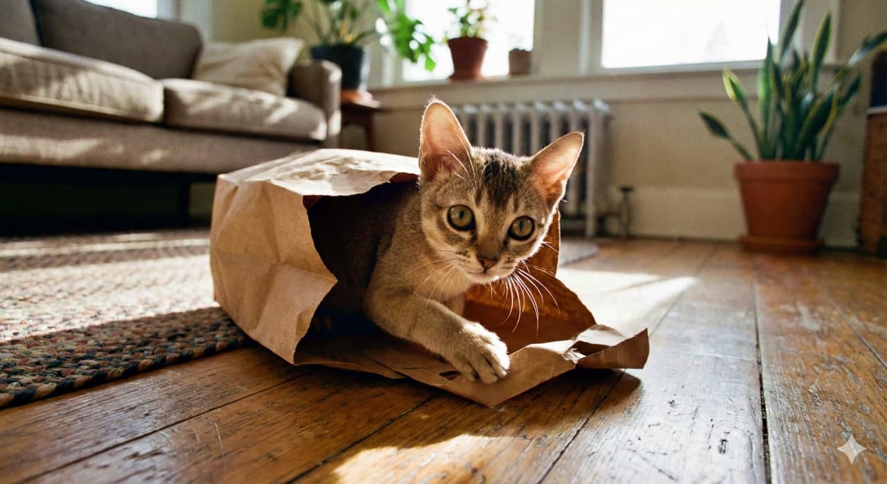 A small Singapura kitten with large, playful eyes emerges from a crumpled brown paper bag on a wooden living room floor. Its front paw stretches forward as it looks directly at the camera. Sunlit windows illuminate a beige couch, woven rug, radiator, and potted plants, creating a cozy home atmosphere. 大きな瞳のシンガプーラ子猫が、木の床に置かれたくしゃっとした茶色の紙袋から顔を出し、前足を伸ばしてカメラをまっすぐ見つめている。陽光が差し込む窓のそばにはベージュのソファ、編み込みラグ、ラジエーター、観葉植物が並び、温かなリビングの雰囲気が伝わる
