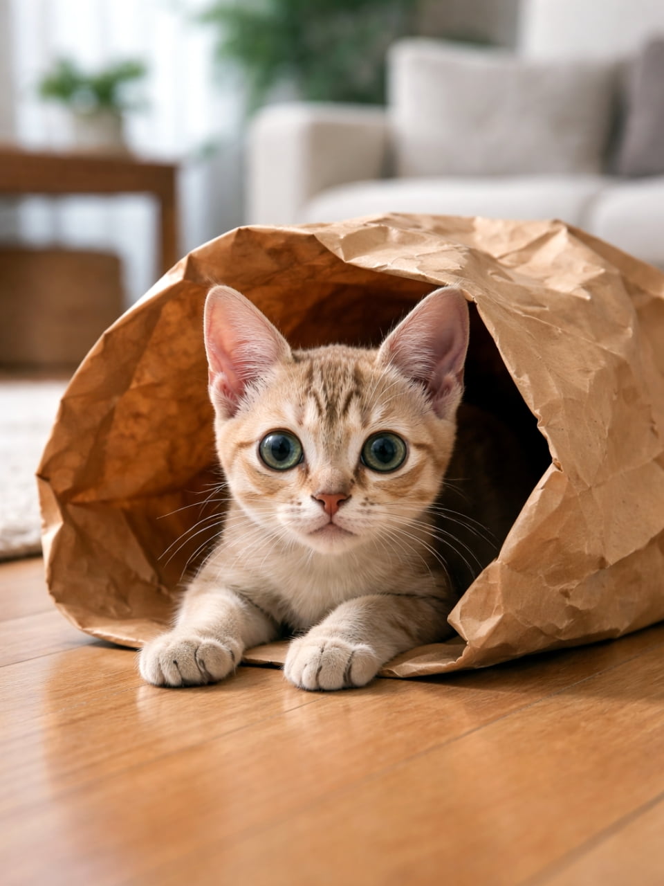 「くしゃっとした紙袋にすっぽり半分入り込んだシンガプーラの子猫。大きな瞳でじっとこちらを見つめながら、次のいたずらを考えていそうな瞬間です🐈」A Singapura kitten half inside a crumpled brown paper bag on a living room floor, looking forward with bright, playful eyes in soft natural light. リビングの床に置かれたしわのある紙袋に半分入り、前を見つめる遊び心ある瞳のシンガプーラの子猫