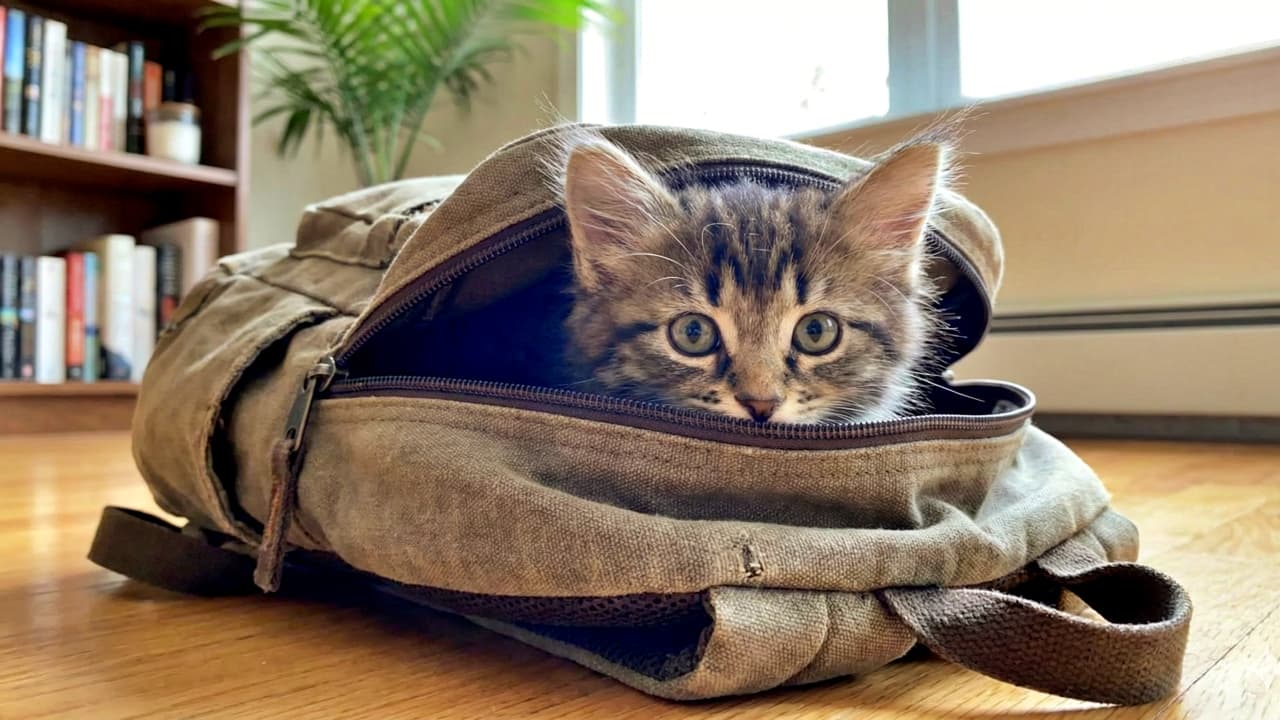 A small tabby kitten peeks from the partially unzipped main compartment of a brown canvas backpack on a wooden floor; only its fluffy head and wide, curious eyes are visible, with soft indoor light, a window, a bookshelf of books, and a green potted plant softly blurred in the background. 木の床に置かれた茶色のキャンバス製バックパックのメイン気室が少し開き、その隙間から小さなキジトラ子猫が顔だけをのぞかせ、丸い好奇心いっぱいの目で見つめている。柔らかな室内光の中、背景には窓、本棚、緑の観葉植物が浅い被写界深度でやわらかくぼけている