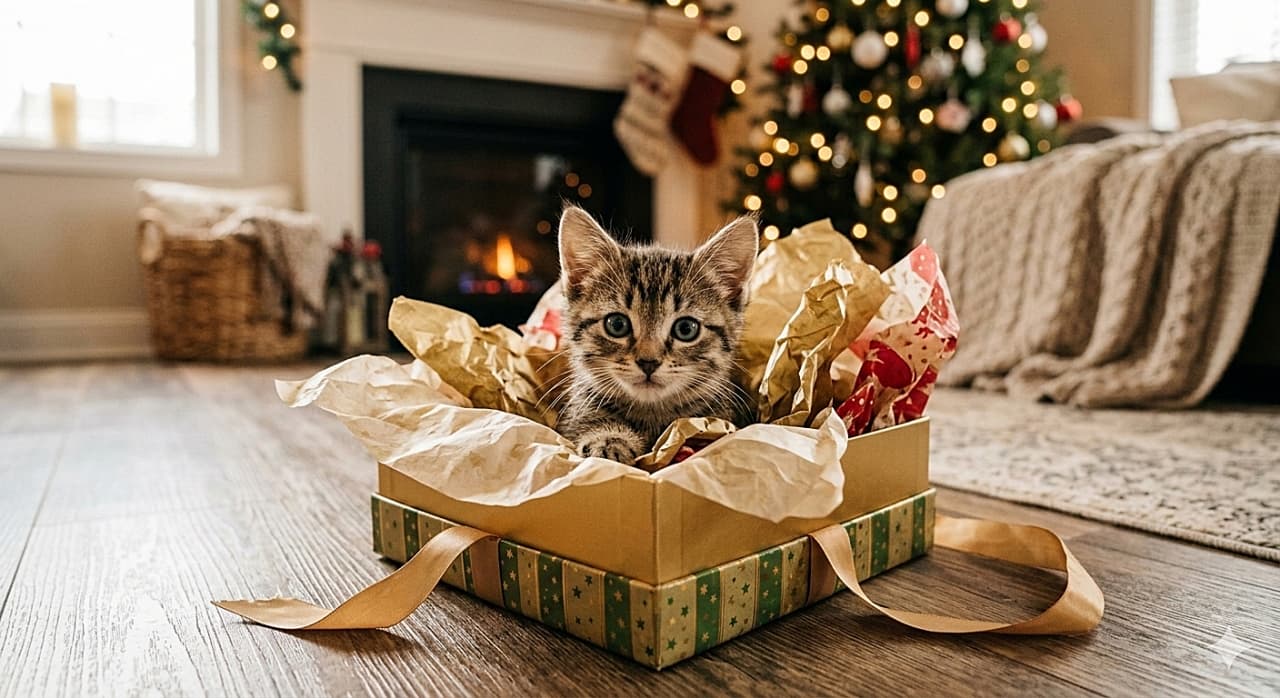 「サプライズ大成功ニャ🎁 キラキラのギフトボックスからお顔を出した、最高のクリスマスプレゼント💕」A photorealistic horizontal image of a cute tabby kitten looking out from inside an open green and gold gift box filled with crumpled gold and red tissue paper. The box is resting on a wooden floor. The kitten is looking directly at the camera with bright eyes. The softly blurred background features a cozy, warm Christmas setting with a glowing fireplace on the left and a lit Christmas tree on the right. Warm indoor lighting perfectly illuminates the kitten and the festive scene. 木の床に置かれた、クシャクシャになった金と赤の薄紙が詰まった緑と金のギフトボックスの中から外を見つめている、可愛いキジトラ子猫の写実的な横長写真。子猫は輝く瞳でまっすぐカメラを見ている。柔らかくぼやけた背景には、左側に火の灯った暖炉、右側にライトアップされたクリスマスツリーがあり、暖かく居心地の良いクリスマスの情景が広がっている。暖かい室内光が、子猫と華やかな雰囲気を美しく照らしている