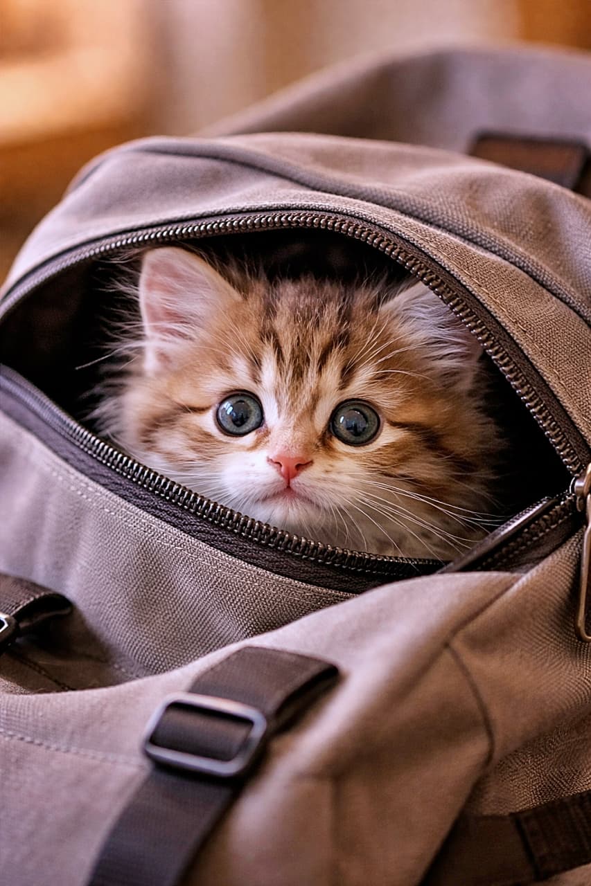 「リュックの中からこんにちは!ひょっこり顔出す子猫の好奇心が止まらない🐾」A tiny fluffy kitten peeking out from a partially unzipped backpack with curious eyes, softly lit indoors with shallow depth of field. 少し開いたリュックの中から、好奇心いっぱいの目で顔をのぞかせる小さなふわふわの子猫
