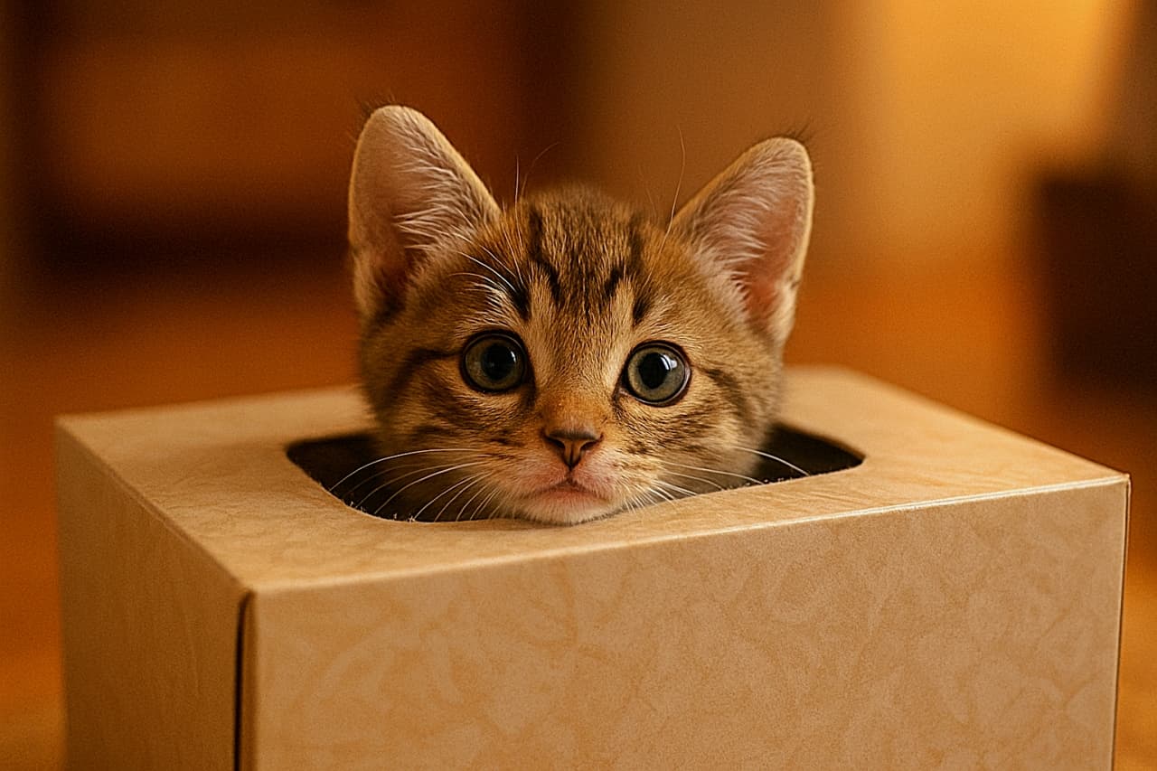 「箱の中からじーっ👀ぬくもり色に包まれた好奇心まる出し子猫🐾」Ultra-realistic close-up of a tiny tabby kitten peeking straight out from the opening of a beige tissue box, wide curious eyes glowing in warm indoor light with a softly blurred background. ベージュのティッシュボックスの開口部から正面をまっすぐ見つめる小さなキジトラ子猫。暖かい室内光の中で大きな瞳が印象的な超リアルなクローズアップ