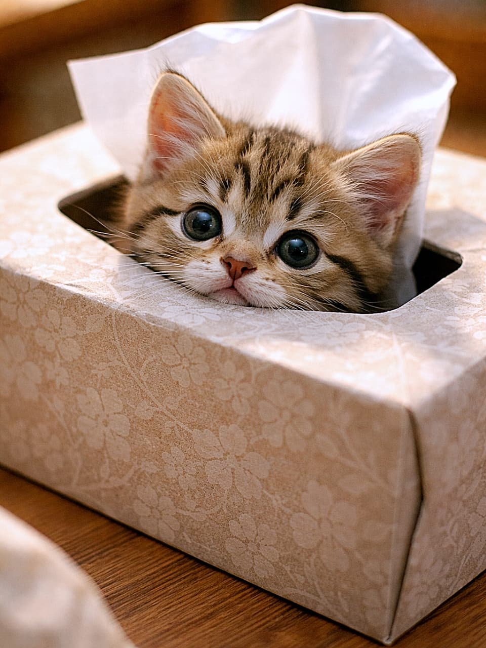 「ティッシュ箱からひょっこり参上🐾ぬくもり光るいたずら子猫」Ultra-realistic close-up of a tiny tabby kitten peeking its head out from the opening of a beige floral tissue box, playful eyes glowing in warm indoor light. ベージュの花柄ティッシュボックスの開口部から顔をのぞかせる小さなキジトラ子猫。暖かい室内光の中で遊び心ある瞳が輝く超リアルなクローズアッ