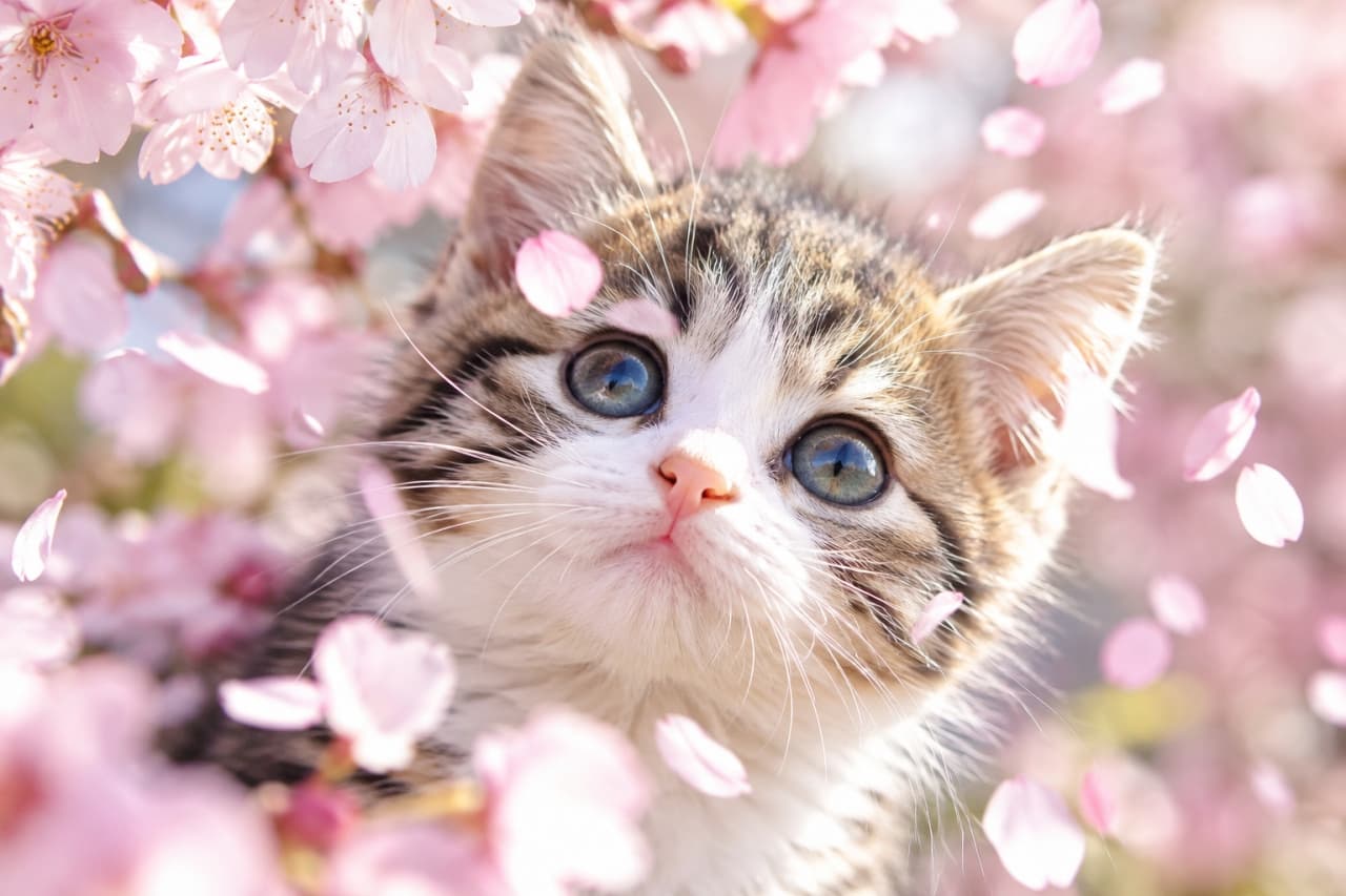 「桜吹雪の中で春を見つけたよ🐾 きらきら輝くおめめに、新しい季節のワクワクが届いたらいいねをお願いします🌸✨」Ultra-realistic high-quality photograph of a sweet mixed-breed brown tabby and white kitten looking upward with luminous blue-green eyes, framed by blooming pink cherry blossoms and gently falling petals under soft spring sunlight that illuminates its delicate whiskers and fur. 満開の淡いピンクの桜の花と舞い散る花びらに囲まれ、澄んだ青緑色の大きな瞳を持つキジ白子猫が斜め上を見つめている。柔らかな春の自然光が繊細なヒゲや耳の産毛を優しく照らし、ピンク色の花びらのボケが顔周りを華やかに彩る高解像度写真