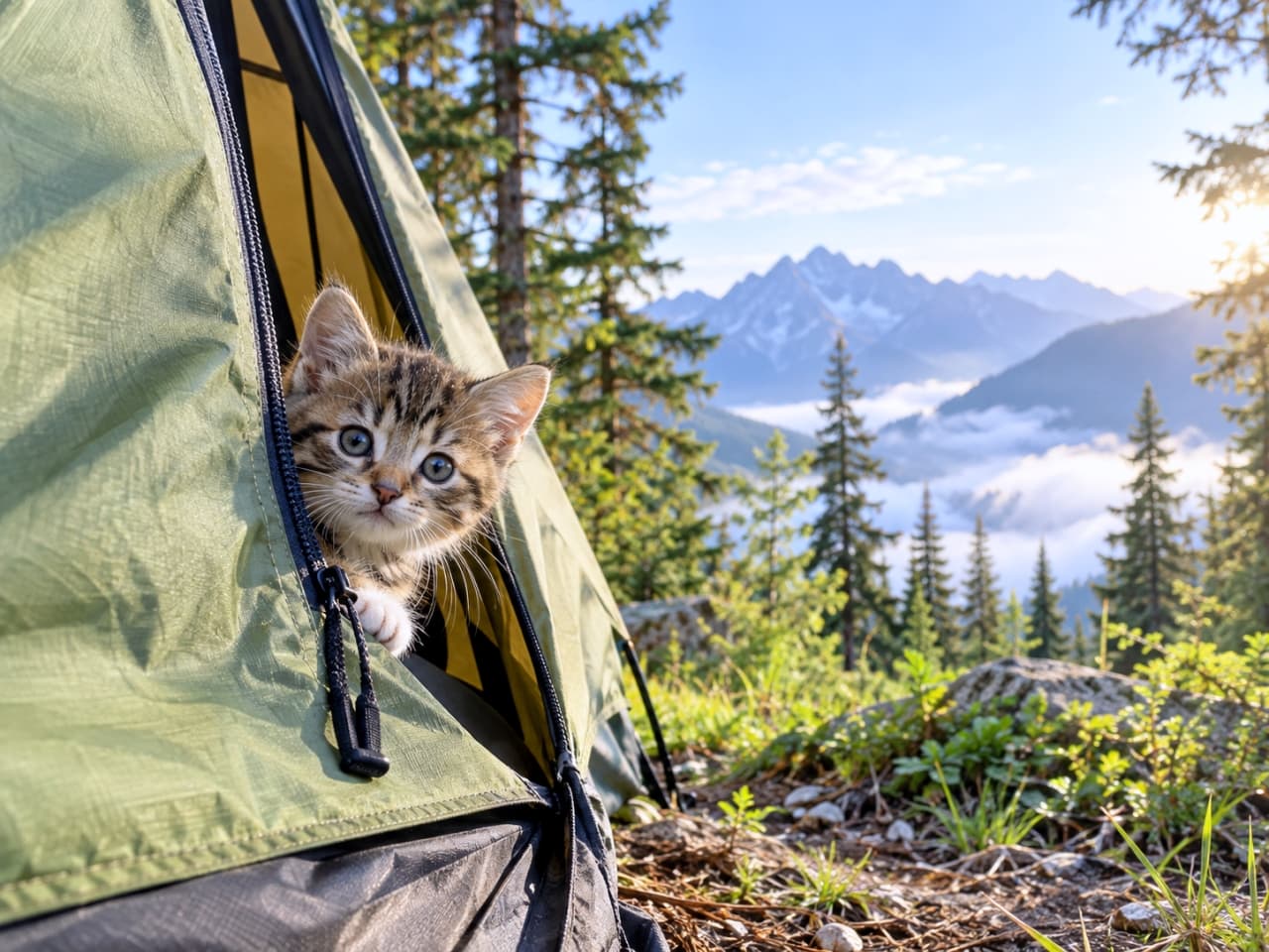 「テントの隙間からひょっこり「おはよう」🐾 朝陽に輝く雲海と山並みに、今日の冒険もワクワクだね🎒🌲☀️」Ultra-realistic high-quality photograph of an adventurous brown tabby and white kitten with luminous blue-green eyes peeking through the zippered opening of a green camping tent. Its tiny white paw rests on the edge as it looks forward under warm morning sunlight. The breathtaking background features a vast forest of pine trees, misty low-lying clouds, and jagged, snow-capped mountains under a clear blue sky. 澄んだ朝の光が差し込む大自然の中で、地面に張られた緑色のキャンプ用テントのファスナーの隙間から、キジ白の子猫が白い前足をちょこんと出して顔を覗かせている。大きな青緑色の瞳で正面をじっと見つめており、ピンと立った耳や細いヒゲ、ふわふわとした被毛の質感が朝日を浴びて輝いている。背景には、朝霧が立ち込める深い針葉樹林と、雲海越しに聳え立つ険しい山並みが美しく広がっている