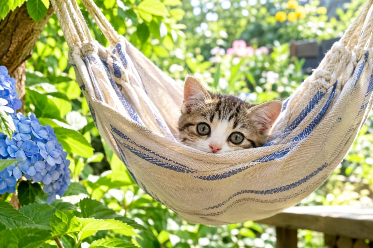 「ハンモックでゆらゆらお昼寝タイム🐾 隙間から覗く大きなおめめに、思わず笑顔がこぼれますね☀️🌿✨」Ultra-realistic high-quality photograph of a curious mixed-breed brown tabby and white kitten with wide blue-green eyes peeking over the edge of a striped fabric hammock hanging from a tree in a sunlit garden, framed by vibrant blue hydrangeas and lush greenery bathed in bright summer sunlight. 明るい夏の光が差し込む庭で、木に吊るされた青いストライプ柄の布製ハンモックの中から、澄んだ青緑色の大きな瞳を持つキジ白子猫が顔を覗かせている。左手前に咲く鮮やかな青いアジサイと木漏れ日に包まれ、柔らかな被毛の質感と無邪気な表情を鮮明に捉えた高解像度写真