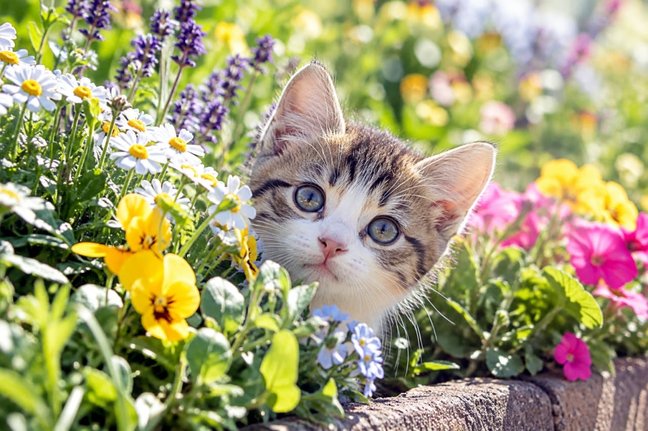 「お花畑からひょっこりこんにちは🐾 ぽかぽか太陽の下、輝くおめめに元気がもらえますね☀️🌼」Ultra-realistic high-quality photograph of a curious mixed-breed brown tabby and white kitten peeking over the brick edge of a sunlit flower bed. Vibrant blossoms such as yellow pansies and white daisies frame the kitten's face, with bright daylight accentuating its detailed fur and whiskers. 晴れた日の花壇のレンガの縁から、澄んだ大きな青緑色の瞳を持つキジ白子猫が顔を出している。周囲には黄色のパンジーや白いデージー、ピンクの花々が咲き誇り、明るい日差しが柔らかな被毛の質感を際立たせる高解像度写真