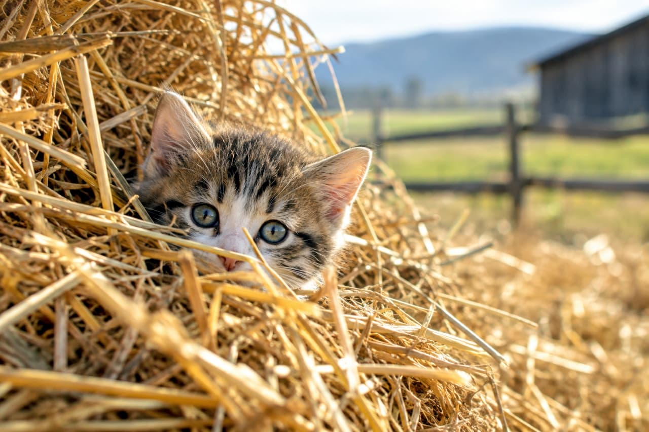 「干し草のベッドからひょっこりこんにちは🐾 黄金色のお日様と大きなおめめに、心が温まりますね🌾☀️✨」Ultra-realistic high-quality photograph of a curious mixed-breed brown tabby and white kitten with wide blue-green eyes peeking out from a golden pile of hay on a countryside farm, bathed in warm natural sunlight with a rustic wooden barn and fence softly blurred in the background. のどかな牧場で、黄金色に輝く干し草の山の中から大きな青緑色の瞳を持つキジ白子猫がひょっこり顔を覗かせている。奥に見える木造の納屋や柵を背景に、柔らかな太陽光が繊細なヒゲや柔らかな被毛の質感を鮮やかに照らし出す高解像度写真