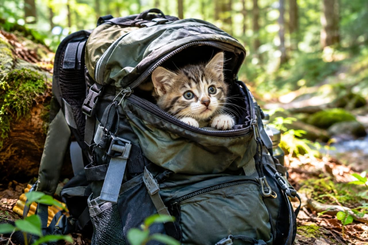 「リュックからひょっこり大冒険へ出発🐾 澄んだおめめで見つめる探検隊長に、応援のいいねをお願いします🎒🌲✨」Ultra-realistic high-quality photograph of an adventurous brown tabby and white kitten with luminous blue-green eyes peeking out from the half-zipped compartment of a hiker's backpack resting on the forest floor, resting its tiny white paws on the fabric edge under natural dappled sunlight against a lush green woodland background. 木漏れ日が降り注ぐ深い森の中、地面に置かれた登山用リュックサックのファスナーの隙間から、キジ白の子猫が白い両前足を揃えてひょっこり顔を覗かせている。澄んだ青緑色の大きな瞳と繊細なヒゲ、柔らかな被毛が柔らかな自然光に照らされ、苔むした倒木や小川を背景に今にも探検へ飛び出しそうな好奇心あふれる表情を鮮明に捉えた高解像度写真